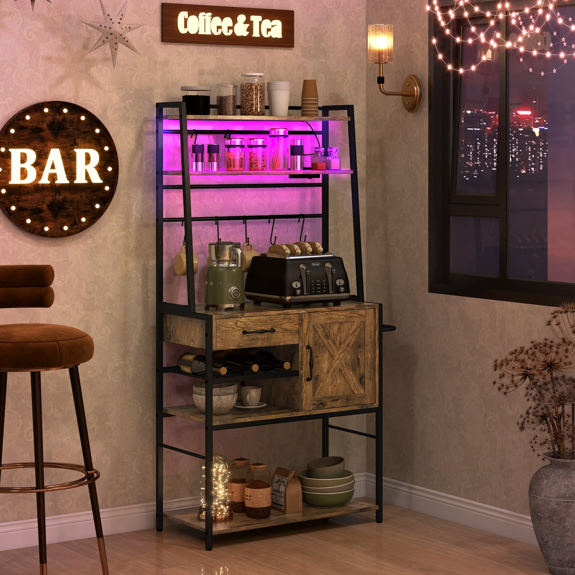 Homcom Baker'S Rack With Power Outlet And Led Lights, Coffee Bar With Storage Shelves, Industrial Microwave Stand With Wine Bottle Rack, Drawer, Barn Door Cabinet, Rustic Brown Rustic Brown Particle
