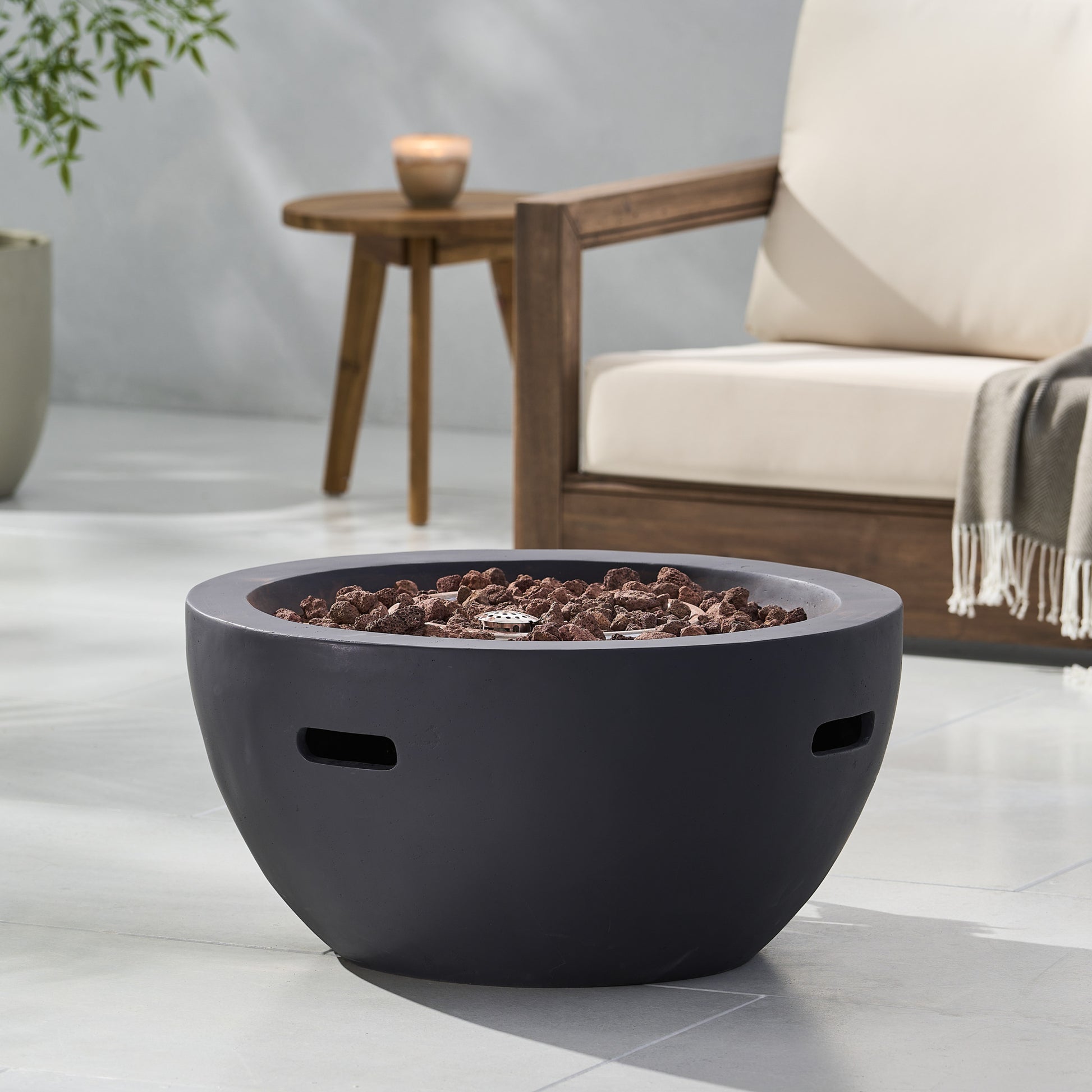 27" Bowl Shaped Mgo 40,000 Btu Propane Fire Pit, Dark Grey Tank Cover Not Included Dark Grey Magnesium Oxide