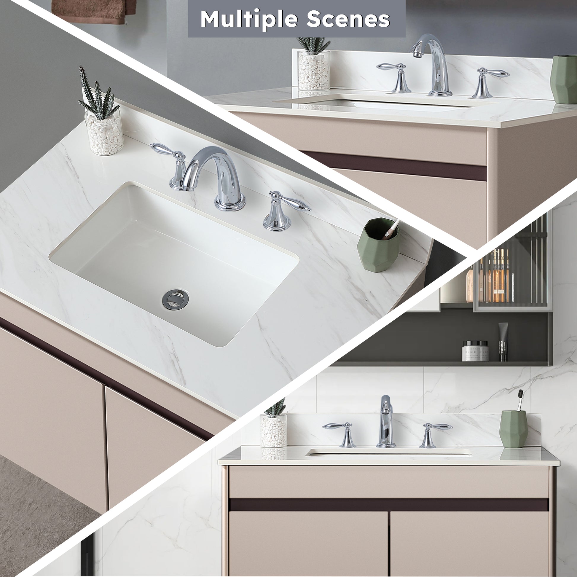 37 Inch Marble Vanity Top, White Vanity Top With Pre Drilled Faucet Holes, Bathroom Vanity Top With Undermount Rectangular Middle Sink And 4" Height Backsplash, Bianco Carrara Venato White Bathroom Sintered Stone