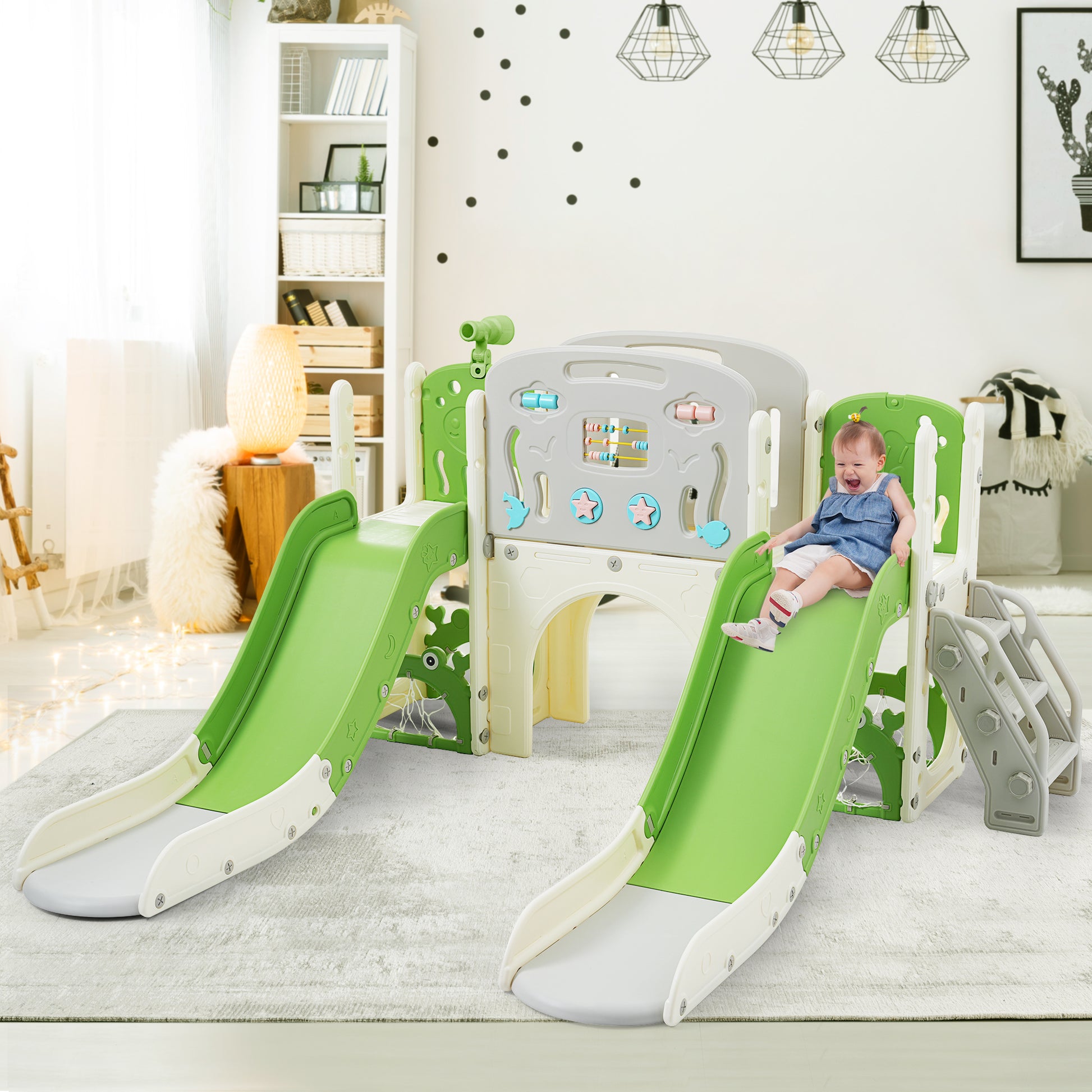 Kids Slide Playset Structure 8 In 1, Freestanding Ocean Themed Set With Slide, Arch Tunnel,Basketball Hoop And Telescope, Double Slides For Toddlers, Kids Climbers Playground Green 50 99 Lbs Cute 1 To 2 Years Hdpe Indoor & Outdoor Use