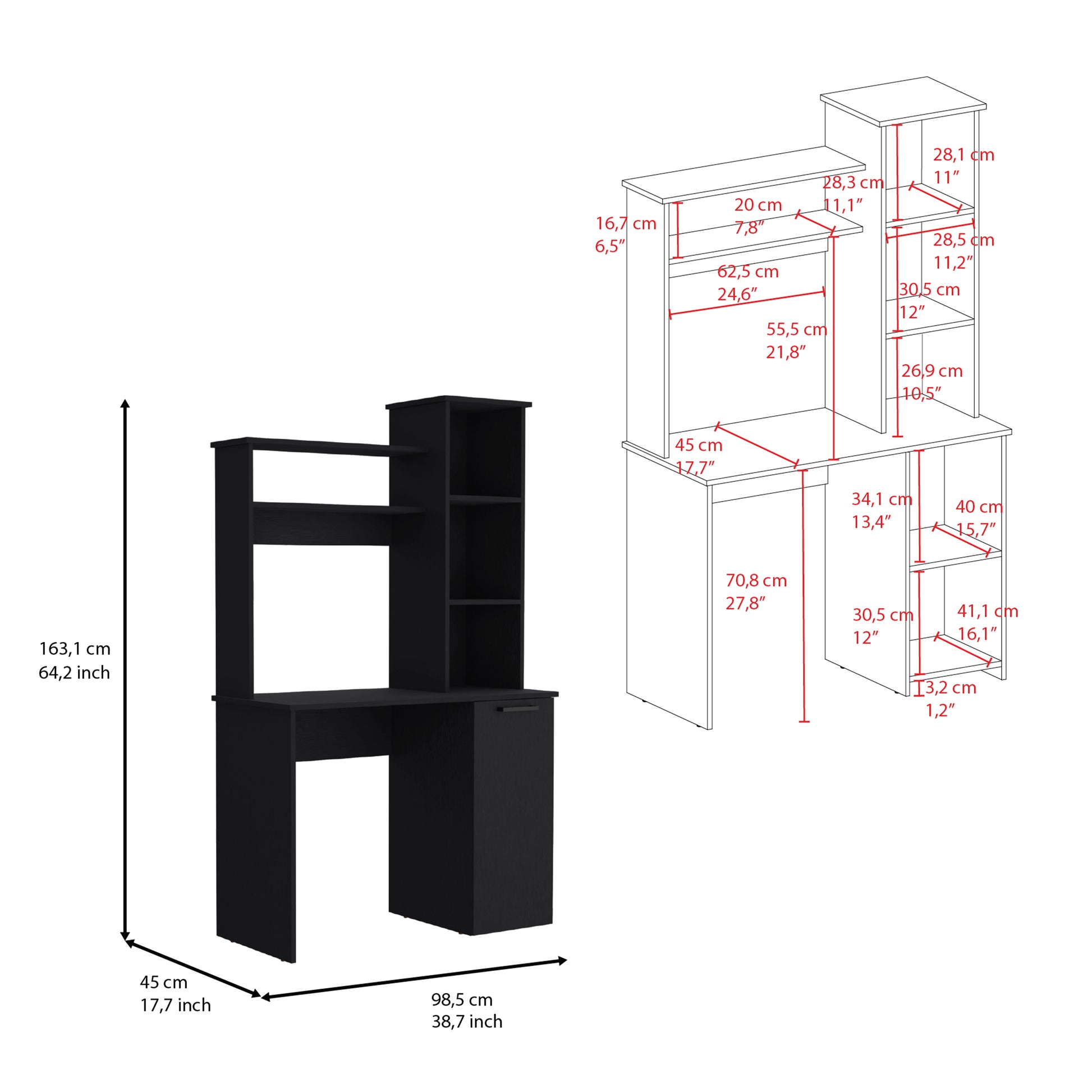 Muncy Computer Desk With Large Work Surface, Hutch Storage And Single Door Cabinet With 3 Tier Shelves, Black Black Particle Board Particle Board