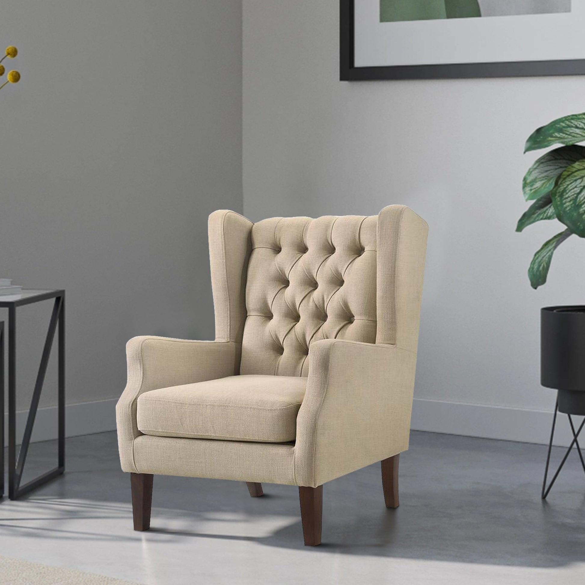 Keva 31 Inch Accent Chair, Deep Button Tufted Wingback, Soft Beige Fabric Beige Wood Fabric