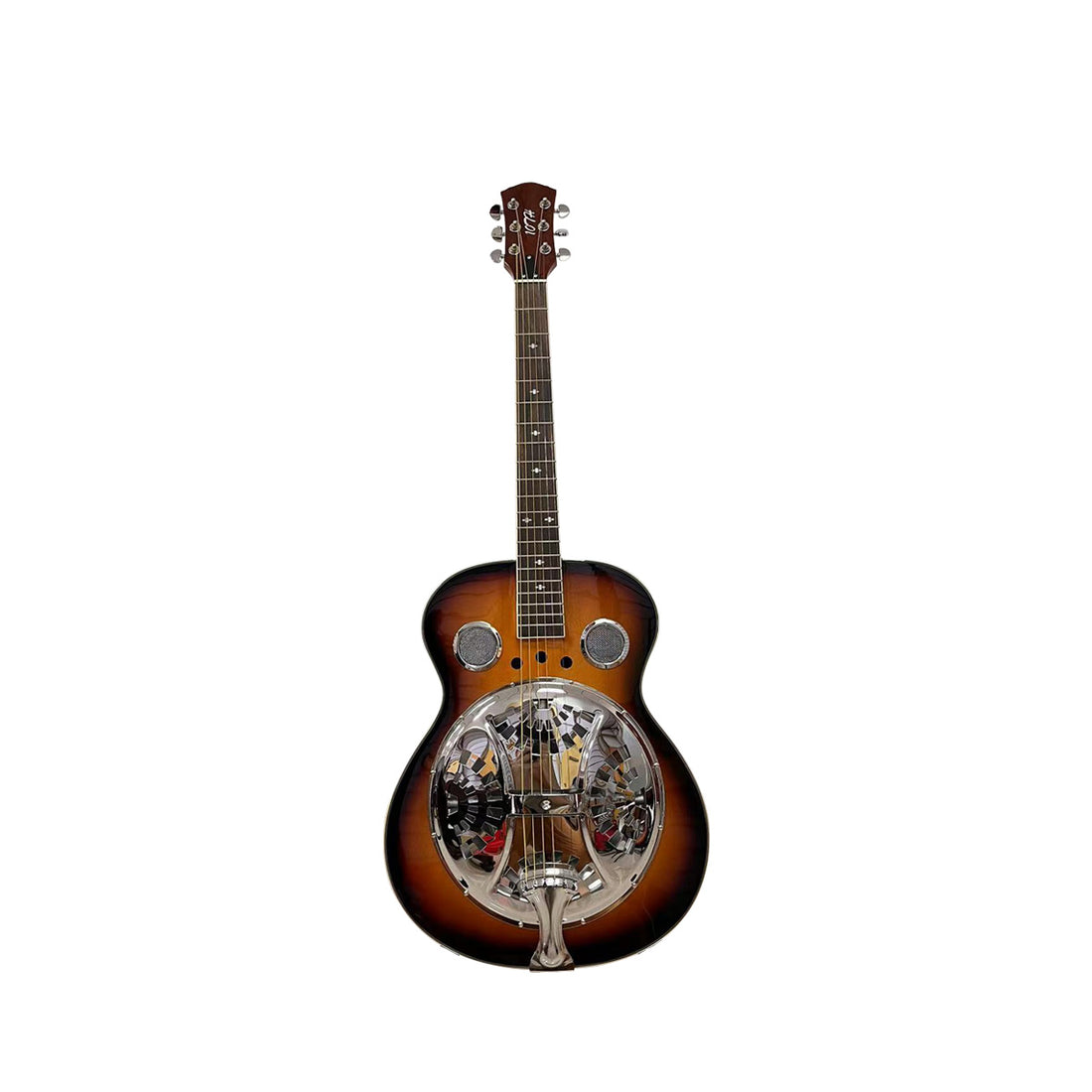 Beginner Metal Resonator Guitar, Full Size Circular Neck Traditional Resonator, Built In Preamplifier Black Brown Wood