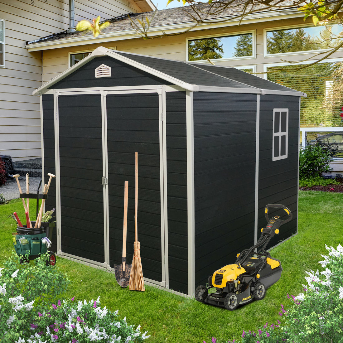 6X8Ft Resin Outdoor Storage Shed Kit Perfect To Store Patio Furniture,Black Black Plastic