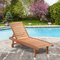 Outsunny Outdoor Chaise Lounge Pool Chair, Built In Table, Reclining Backrest For Sun Tanning Sunbathing, Rolling Wheels, Red Wood Look Natural Wood Wood