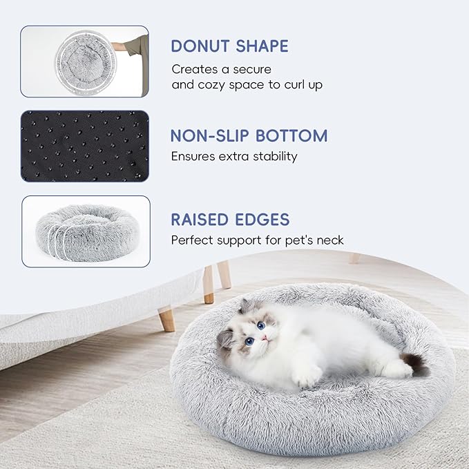 24 Inch Donut Dog Bed, Calming Bed For Dogs, Grey Cat Bed Washable, Round Dog Donut Bed Washable, Plush Fur Dog Bed, Dog Cuddle Bed Grey Faux Fur