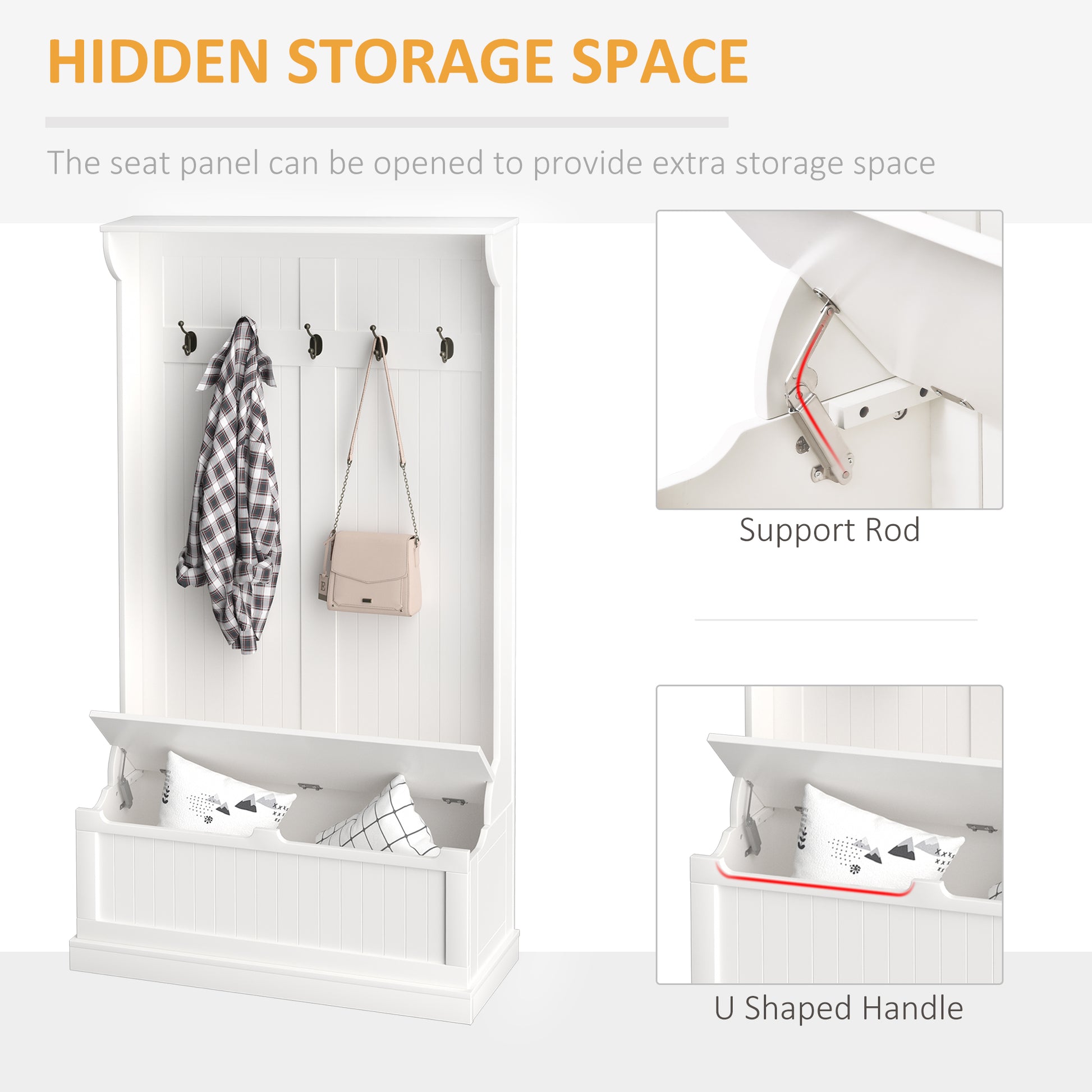 Homcom 38" 3 In 1 Entryway Hall Tree With Storage Bench, Coat Rack With Four Hooks And Shoe Storage, White Cream White Mdf