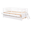 Low Loft Bed Twin Size With Full Safety Fence, Climbing Ladder, Storage Drawers And Trundle White Solid Wood Bed White Solid Wood