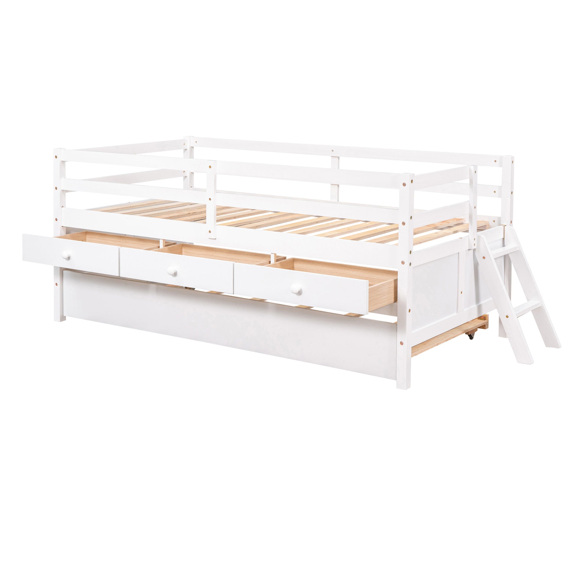 Low Loft Bed Twin Size With Full Safety Fence, Climbing Ladder, Storage Drawers And Trundle White Solid Wood Bed White Solid Wood