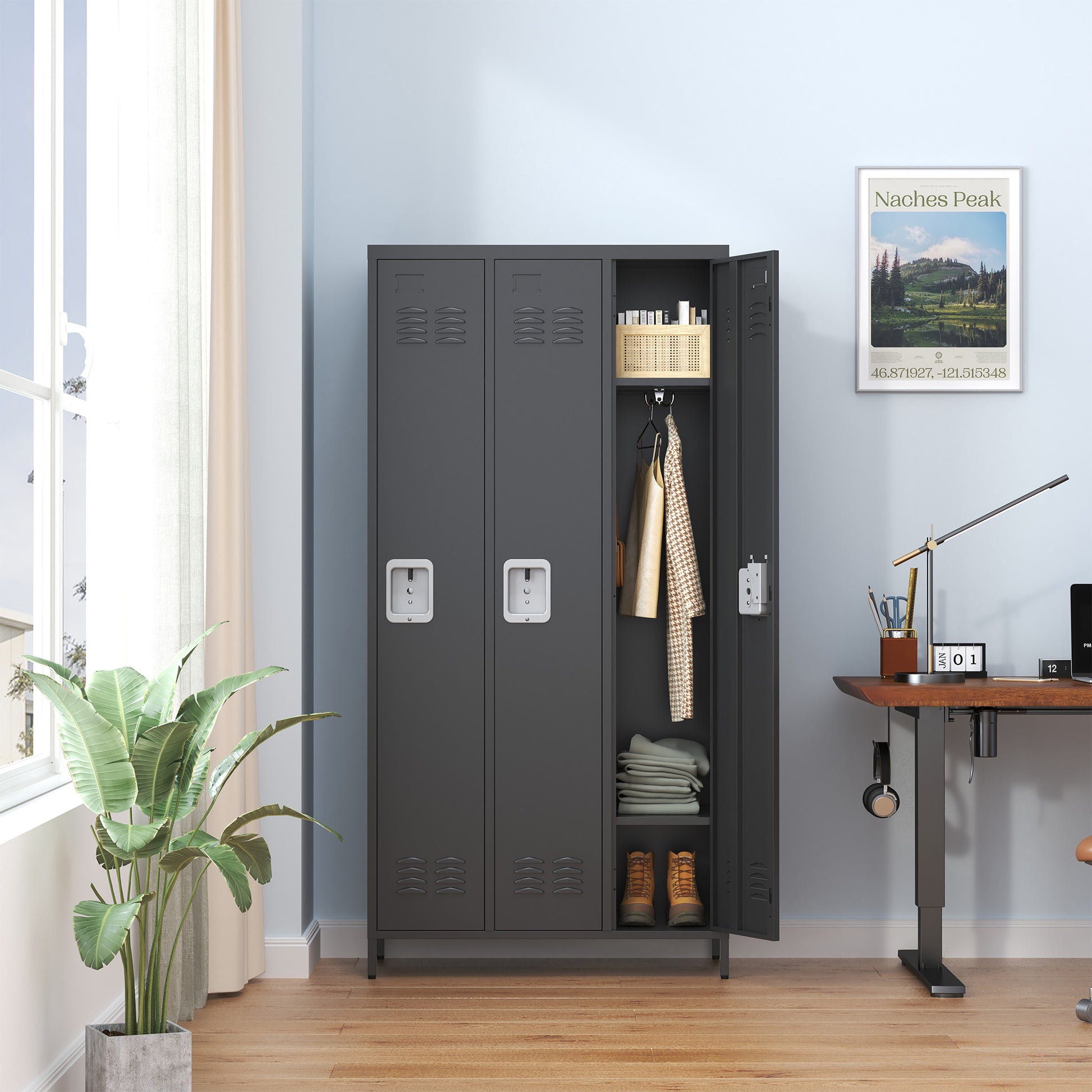 3 Door 72"H Metal Lockers With Lock For Employees,Storage Locker Cabinet For Home Gym Office School Garage,Black Freestanding 5 Or More Spaces Black Gym Door Locks Modern Metal Metal