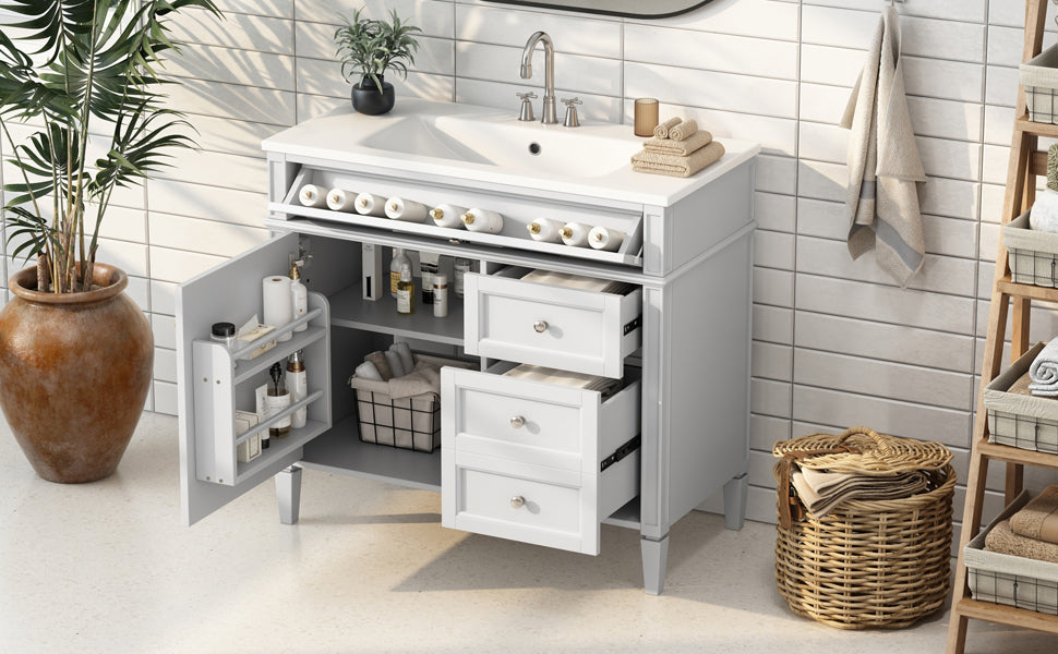 36'' Bathroom Vanity With Top Sink, Modern Bathroom Storage Cabinet With 2 Drawers And A Tip Out Drawer, Single Sink Bathroom Vanity White Bathroom Solid Wood Mdf Resin