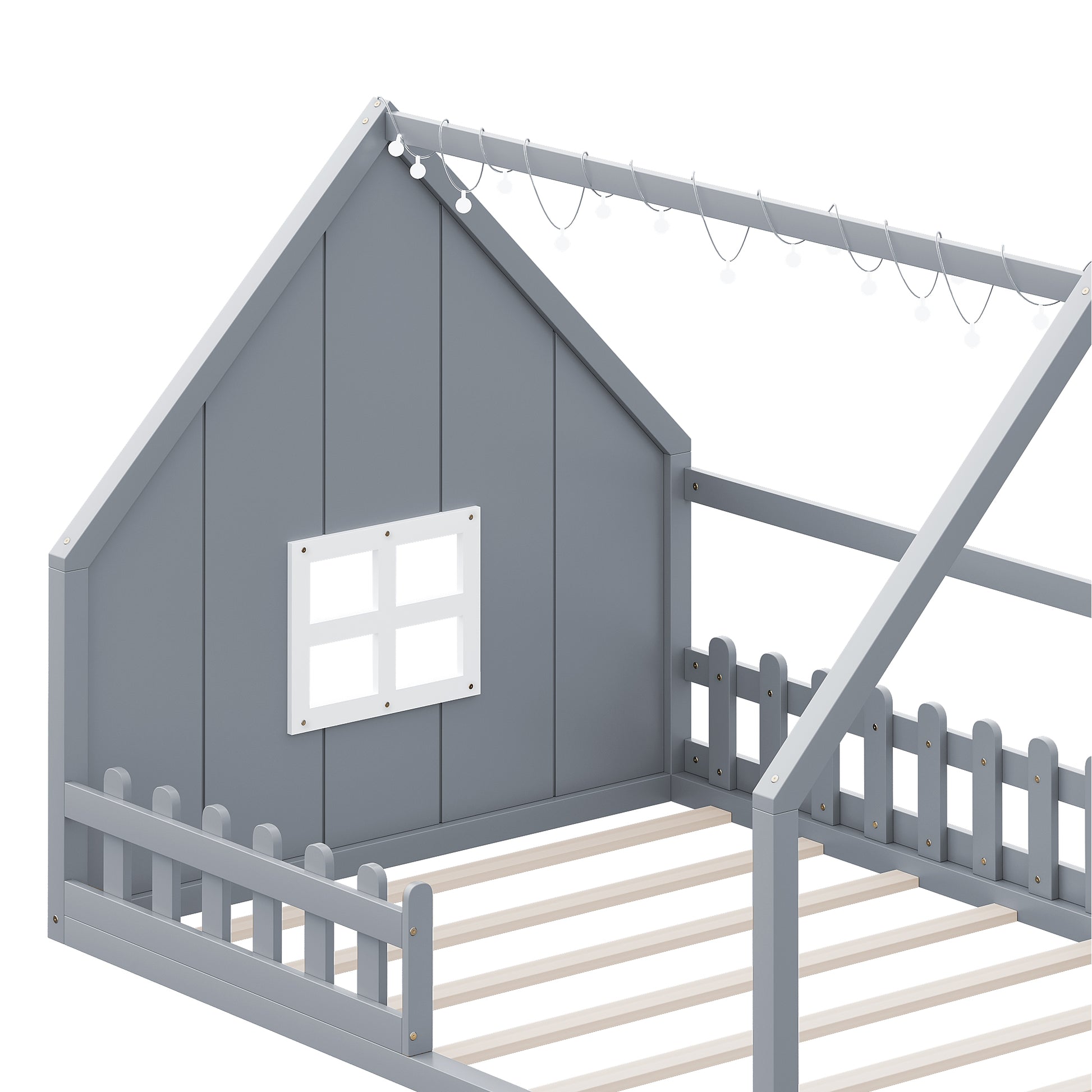 Full Size Wood House Bed With Window And Fence, Gray Old Sku: Wf304147Aae Box Spring Not Required Full Gray Wood Bedroom Pine Bed Frame Solid Wood Mdf