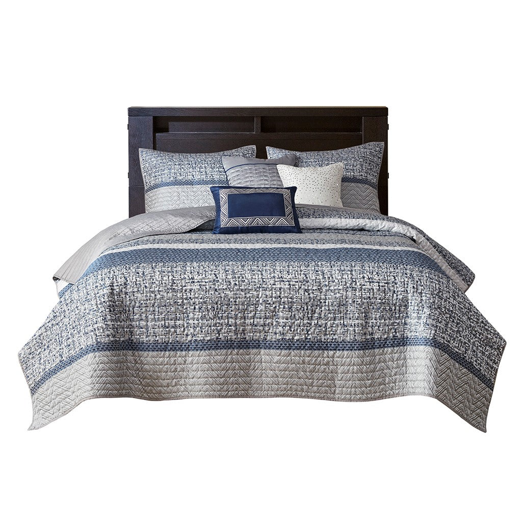 6 Piece Reversible Jacquard Quilt Set With Throw Pillows Navy Full Queen Navy Cotton