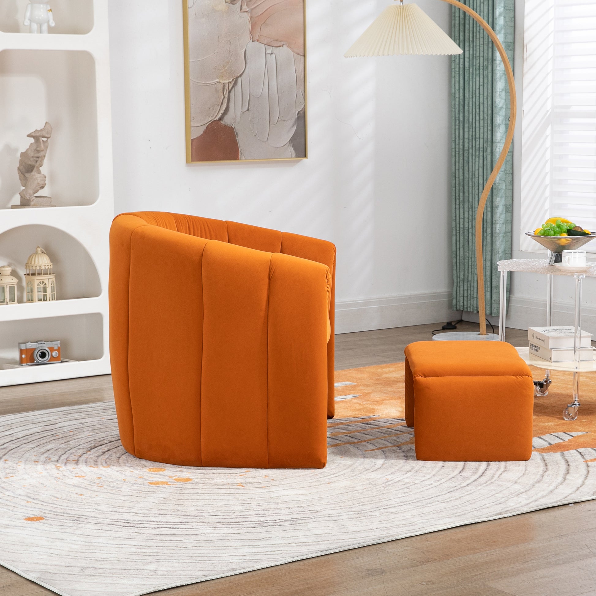 Coolmore Accent Chair With Ottoman, Mid Century Modern Barrel Chair Upholstered Club Tub Round Arms Chair For Living Room Bedroom Office Orange Velvet Orange Foam Velvet