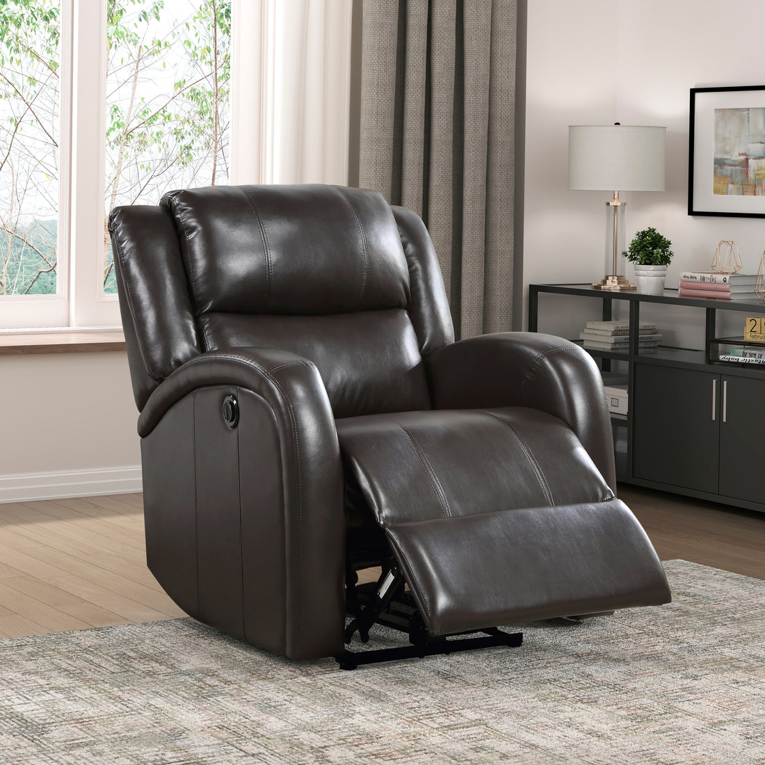 Modern Living Room Furniture 1Pc Power Reclining Chair Brown Faux Leather Upholstery Plush Seating Solid Wood Frame Brown Faux Leather Wood Primary Living Space Modern Plywood,Solid Wood