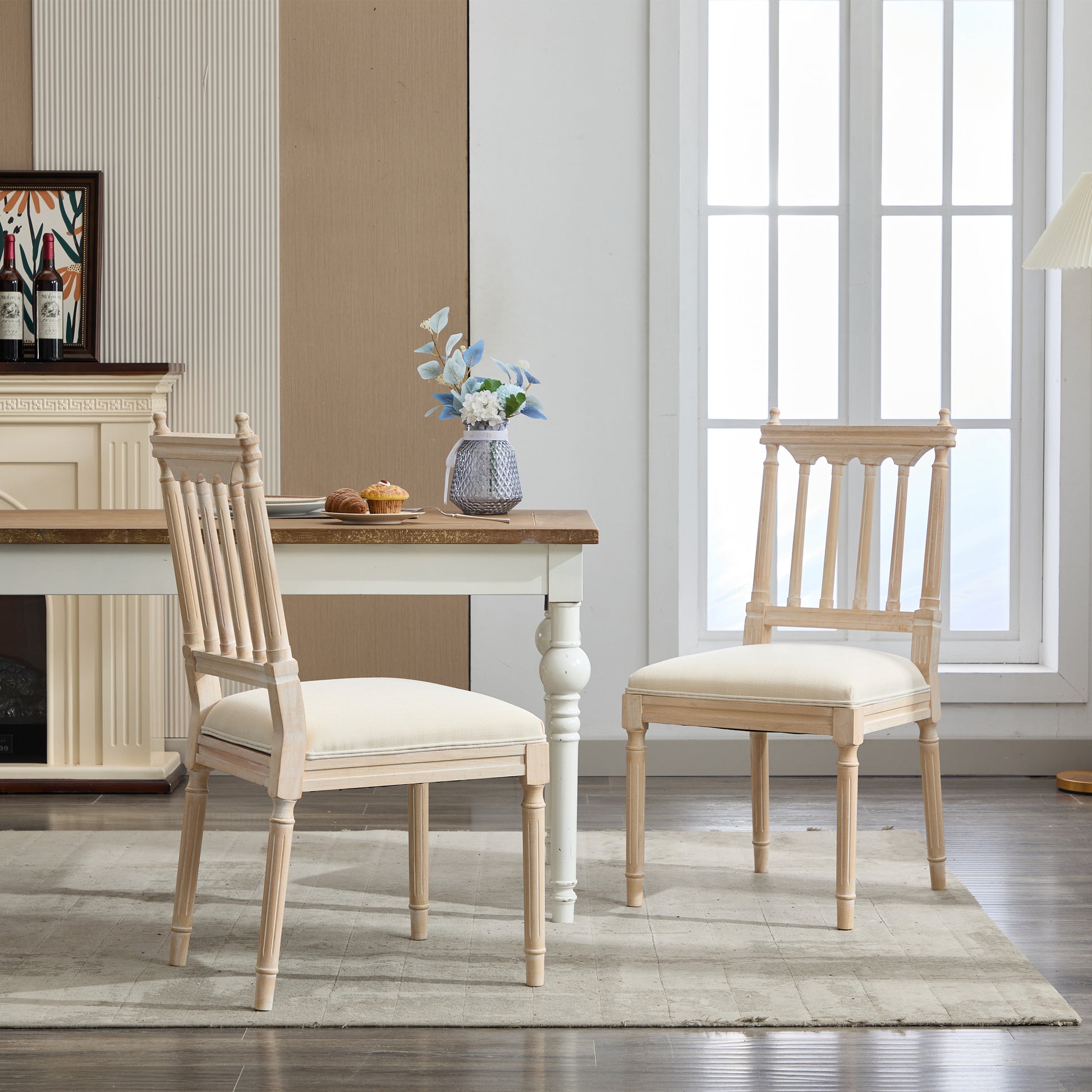 Antique Dining Chairs Linen Fabric Upholstered Wooden Chairs Set Of 2 Cream Fabric