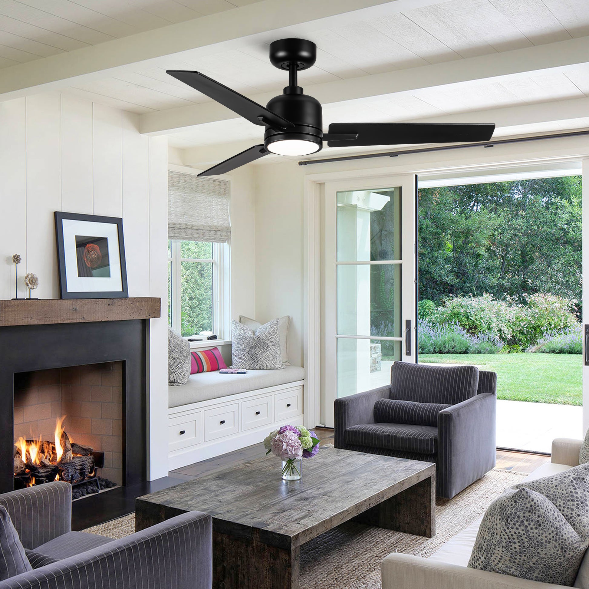 48" Black Lowe Profile Ceiling Fan With Light Black Plywood