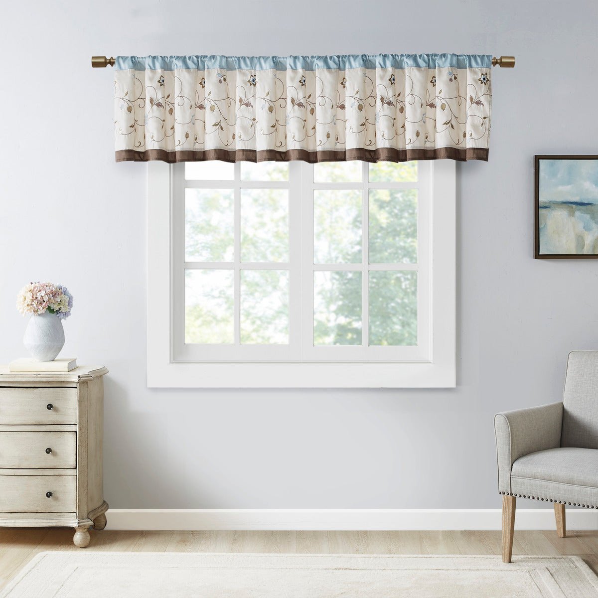 Embroidered Window Valance Blue 50X18" Blue Polyester