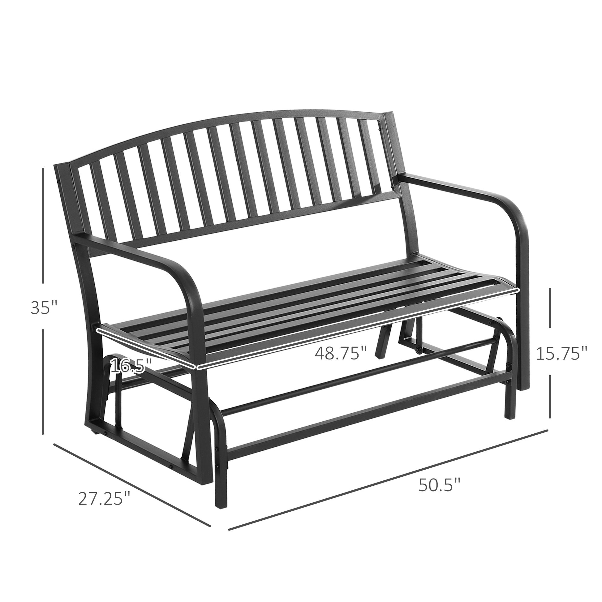 Outsunny Outdoor Glider Bench, Glider Bench For Outside Patio With Armrests, Slatted Seat & Backrest, Loveseat With Power Coated Steel Frame, Black Black Steel