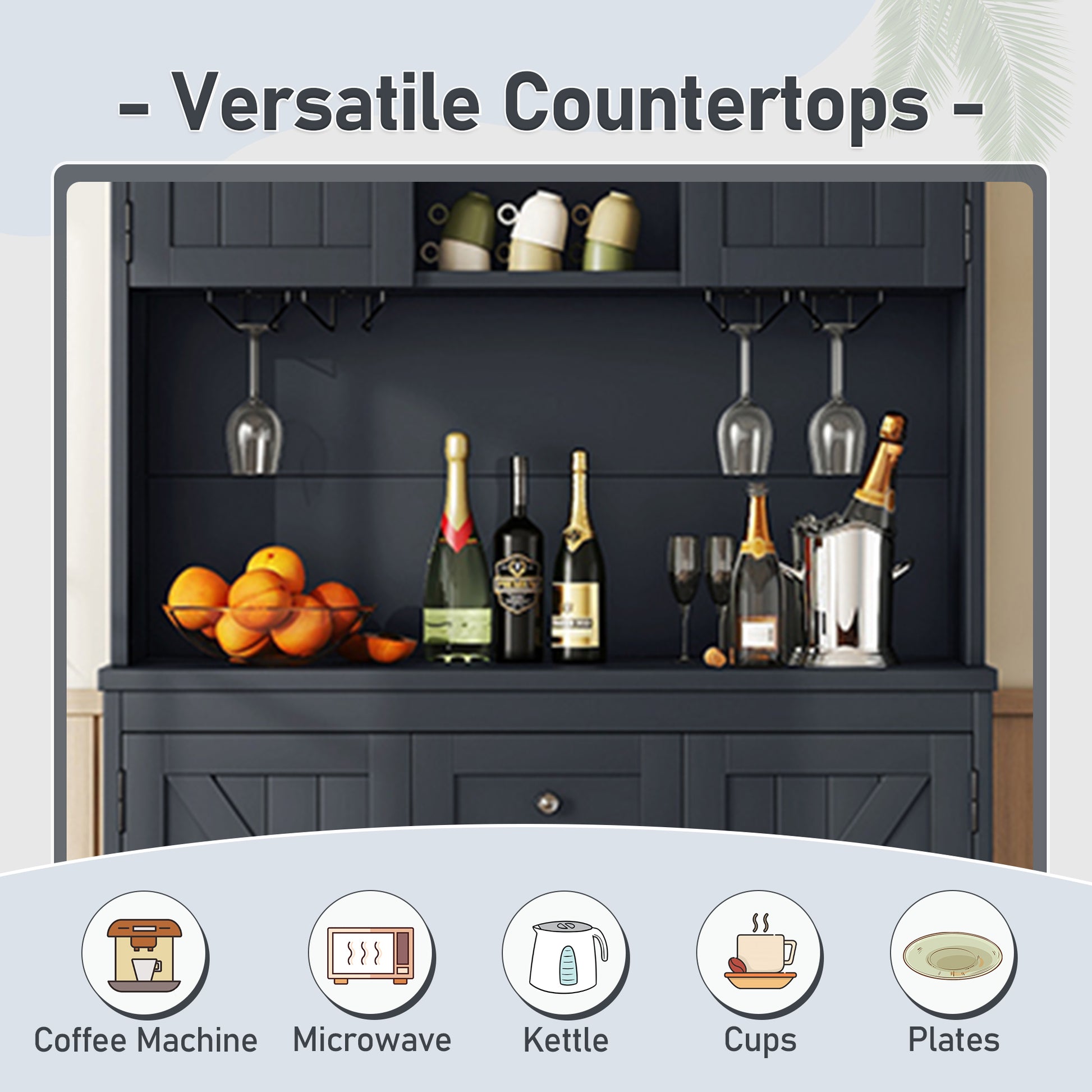 Coffee Bar Cabinet Kitchen Cabinet With Storage, Farmhouse Wine Cabinet With Drawers Shelves And Cabinets, Buffet Cabinet Wine & Glass Racks For Dining Room, Kitchen, Dark Blue Antique Blue Particle