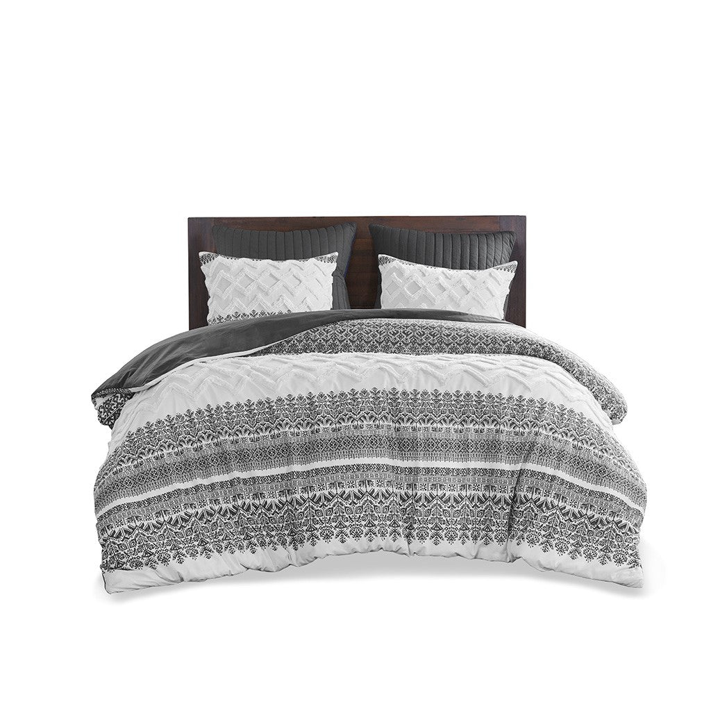3 Piece Cotton Comforter Set With Chenille Tufting Gray Full Queen Queen Gray Cotton