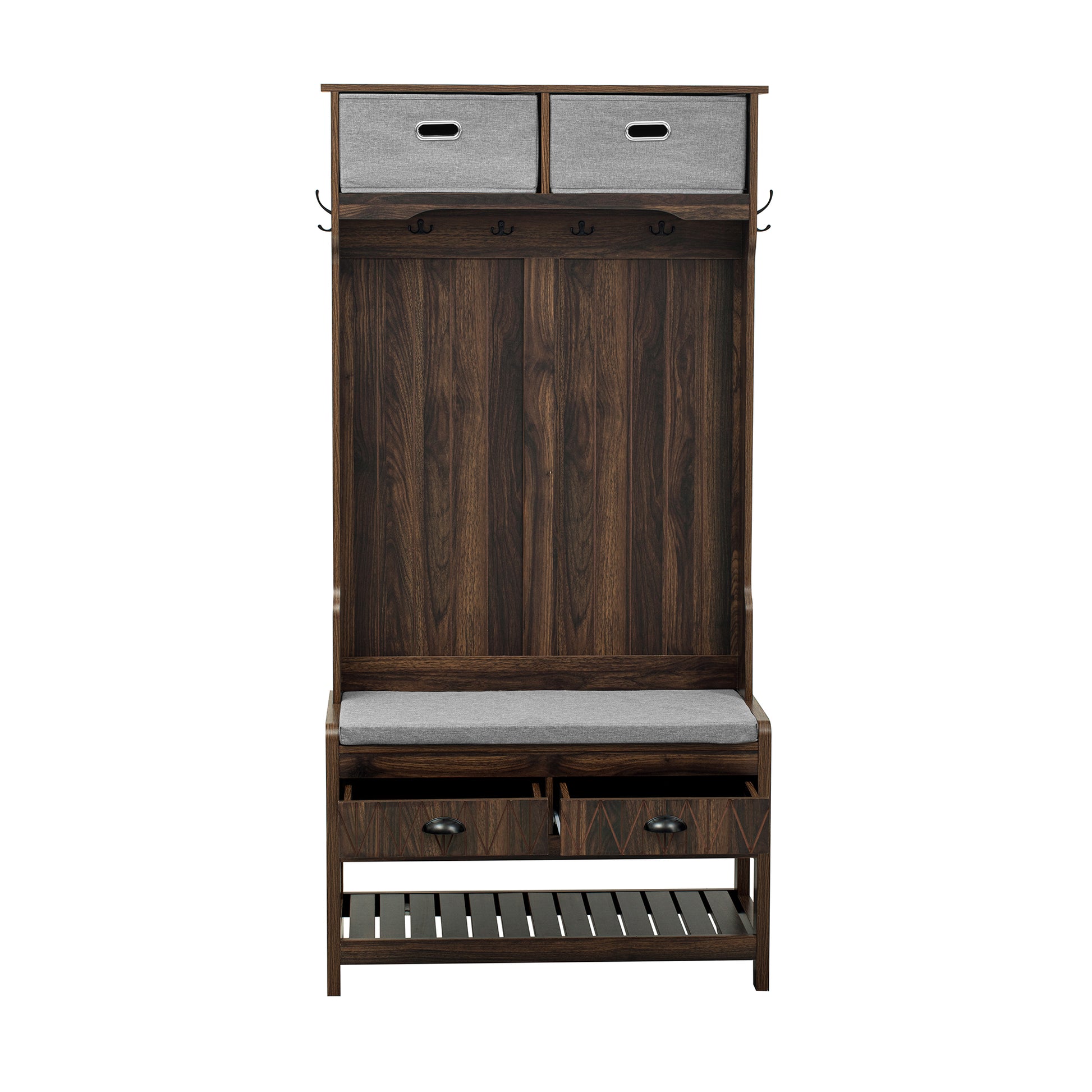 Hall Tree With 6 Hooks And Hinged Lid, Coat Hanger, Entryway Bench, Storage Bench, 3 In 1 Design, 69Inch, For Entrance, Hallway Brown Mdf