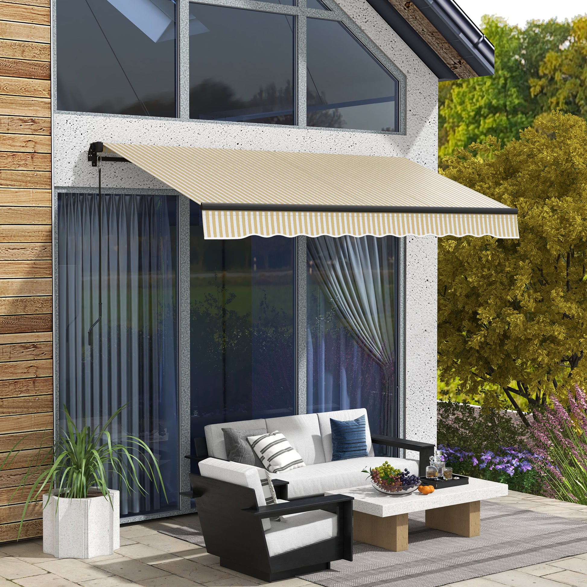 Outsunny 12' X 10' Retractable Awning, Patio Awning Sunshade Shelter With Manual Crank Handle, 280Gsm Uv Resistant Fabric And Aluminum Frame For Deck, Balcony, Yard, Beige And White Beige Polyester