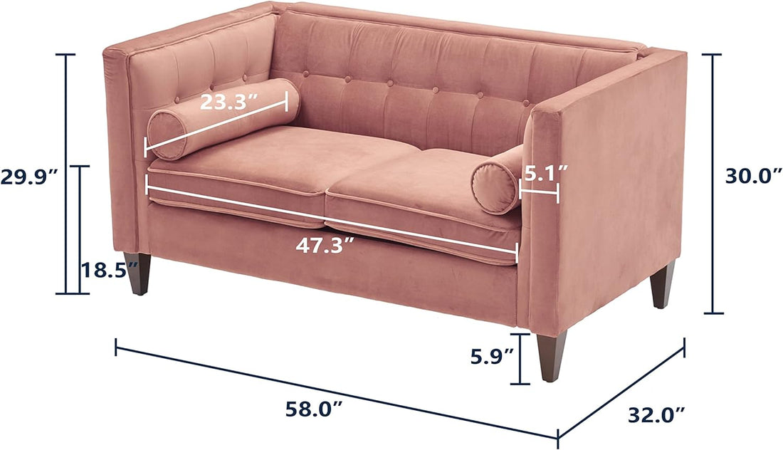 Mid Century Velvet Sofa, Beautiful Seats Sofa Furniture With Bolster Pillows, Button Tufted Couch For Living Room, Tool Free Assembly, Pink Gray Wood Primary Living Space Heavy Duty Acacia 2 Seat