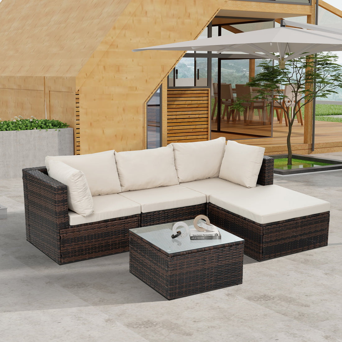 Patio Furniture, Outdoor Furniture, Seasonal Pe Wicker Furniture, 5 Set Wicker Furniture With Tempered Glass Coffee Table Brown Seats 4 Pe Rattan Iron Waterproof Fabric