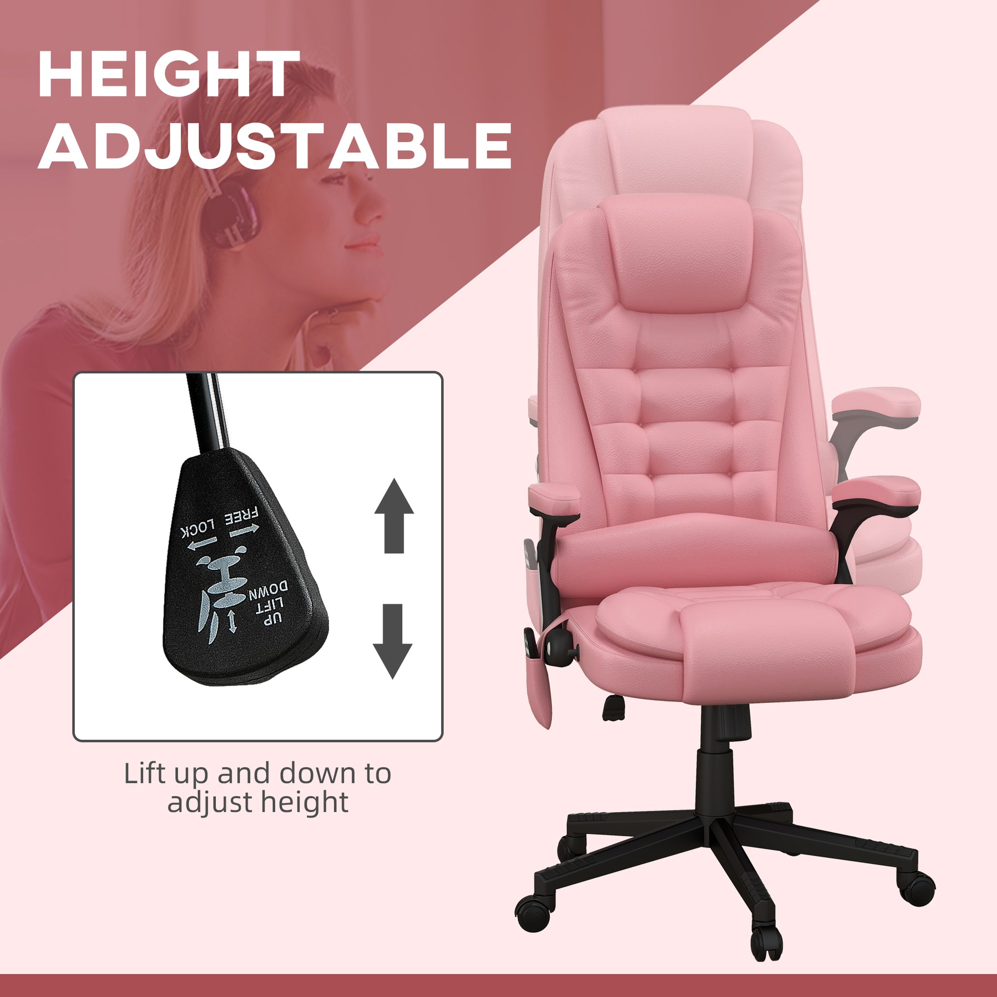 Homcom High Back Vibration Massage Office Chair With 6 Vibration Points, Heated Reclining Pu Leather Computer Chair With Armrest And Remote, Pink Pink Pu