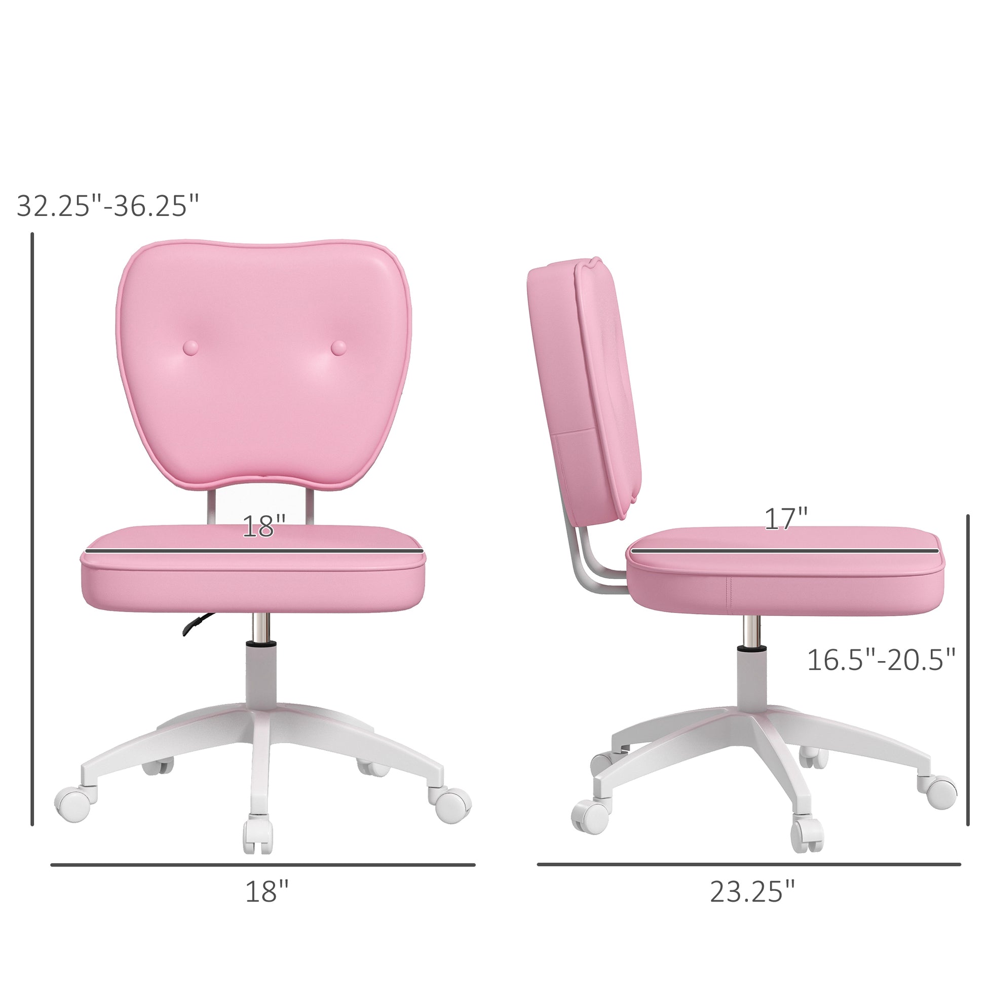 Vinsetto Cute Armless Office Chair, Small Pu Leather Computer Desk Chair, Vanity Task Chair With Adjustable Height, Swivel Wheels, Mid Back, Pink Pink Faux Leather