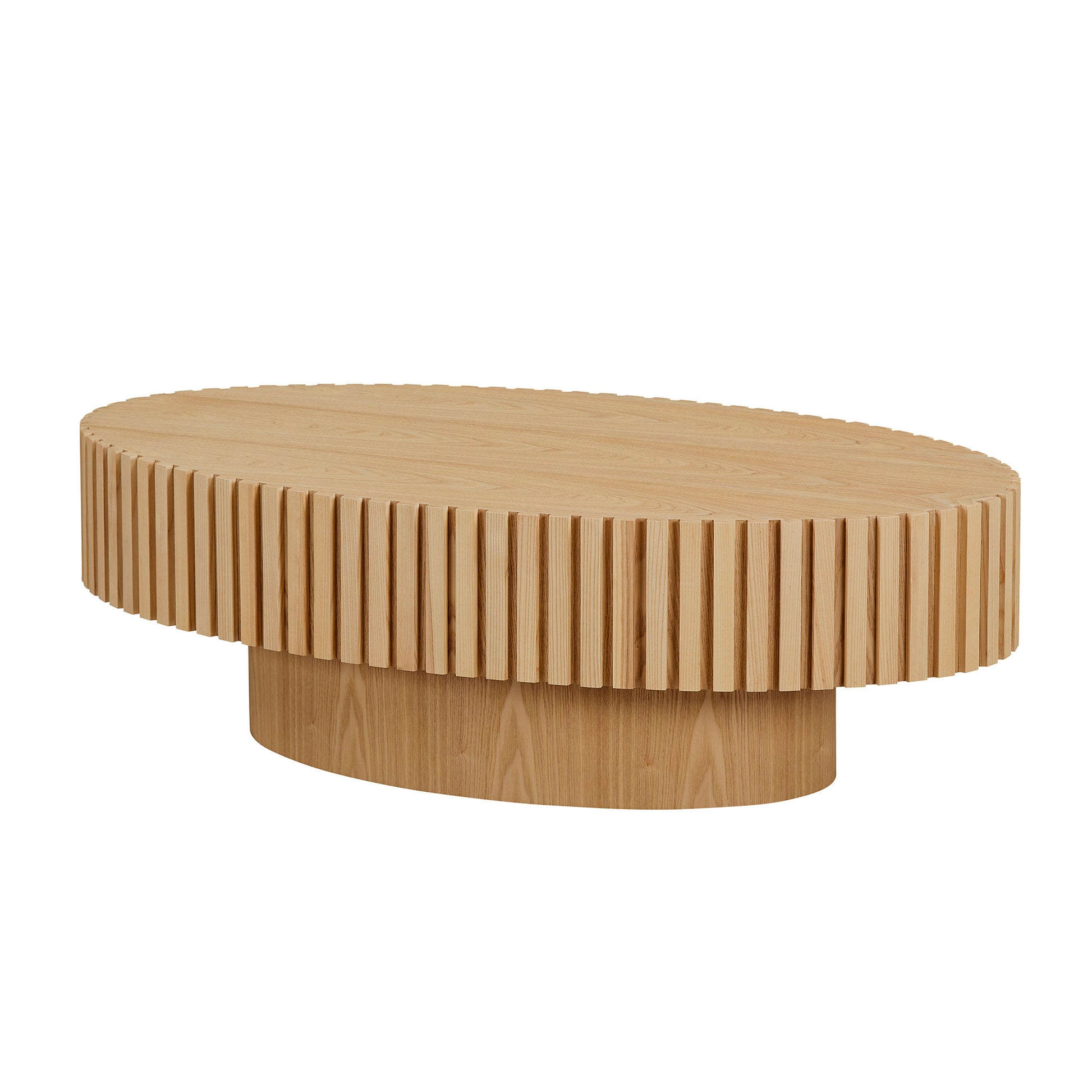 Modern Handcraft Drum Coffee Table Length 43.7 Inch Ellipse Coffee Table For Living Room,Oval Small Coffee Table With Sturdy Pedestal,Natural Ash Mdf Natural Ash Mdf