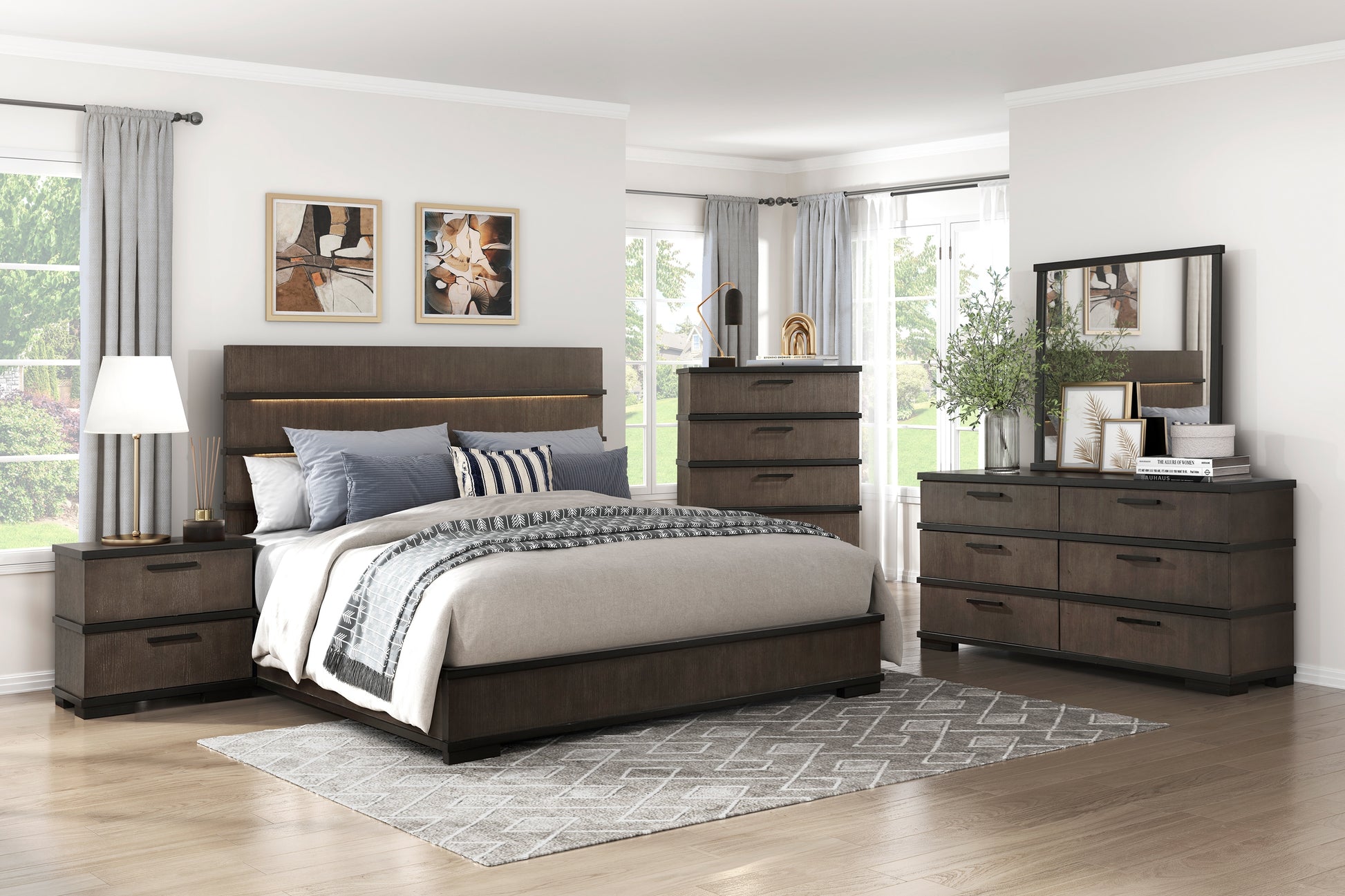 Two Tone Brown Black Finish Led Headboard King Bed 1Pc Modern Industrial Design Bedroom Furniture Box Spring Required King Black,Brown Gray Wood Bedroom Bed Frame Wood