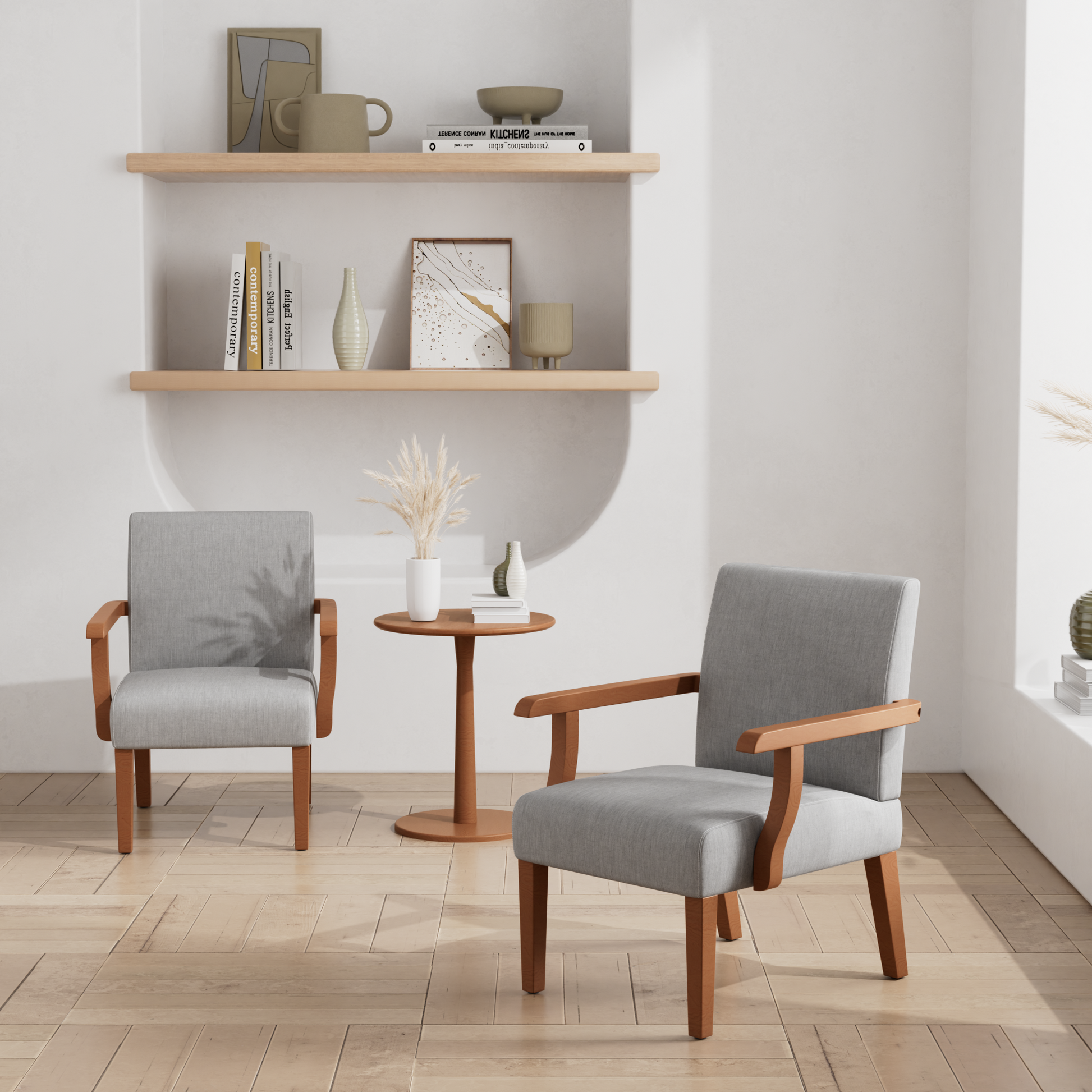 Fabric Accent Arm Chair Set Of 2 With Round Wood Table Light Gray Fabric