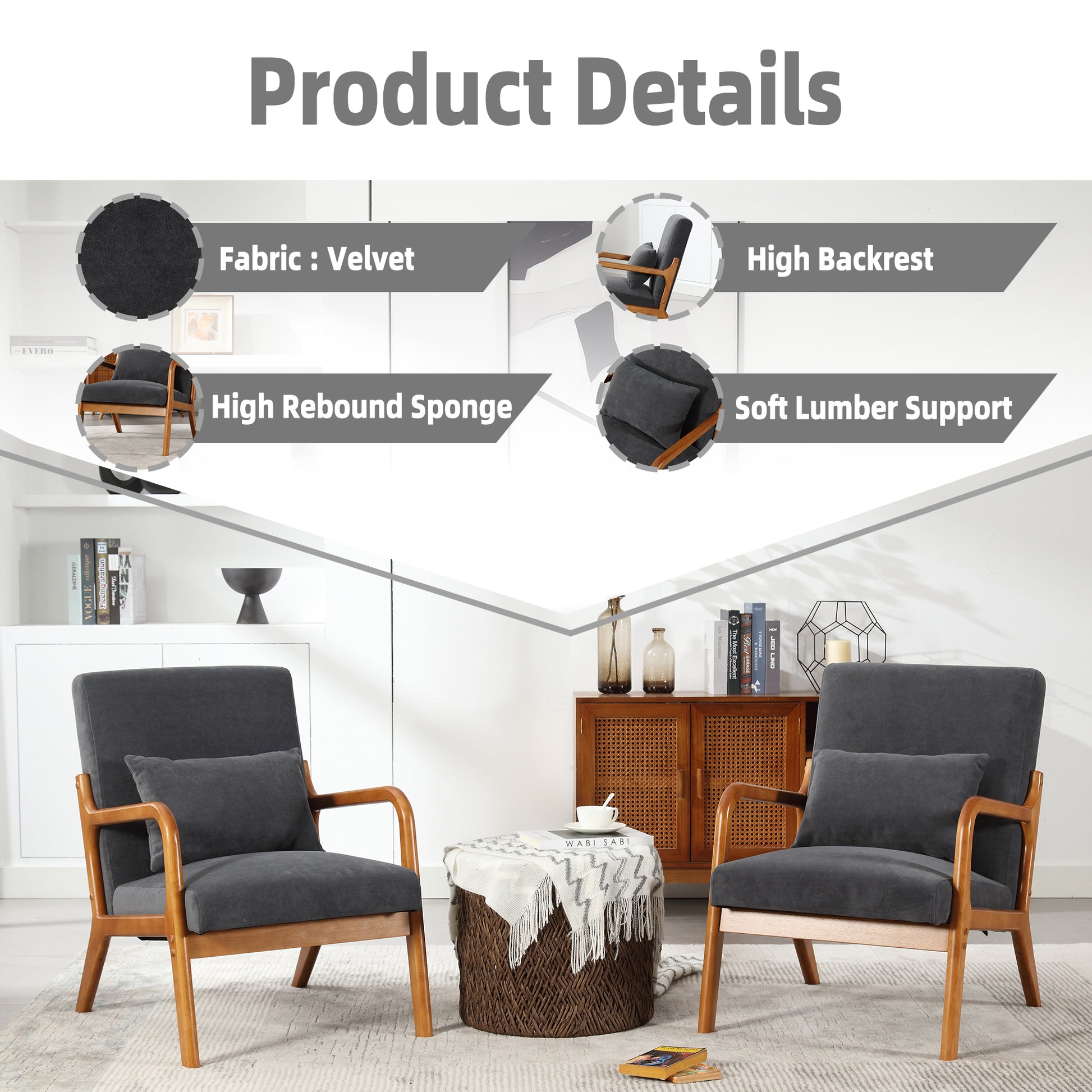 Coolmore Modern Accent Chair, Solid Wood Padding Lounge Armchairs With One Pillow For Living Room, Bedroom, Guest Room Gray Gray Primary Living Space Foam Velvet