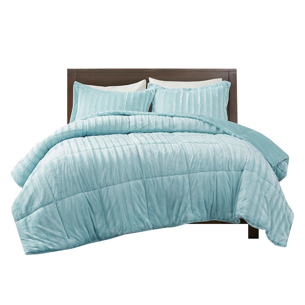 Faux Fur Comforter Mini Set Queen Teal Blue Polyester
