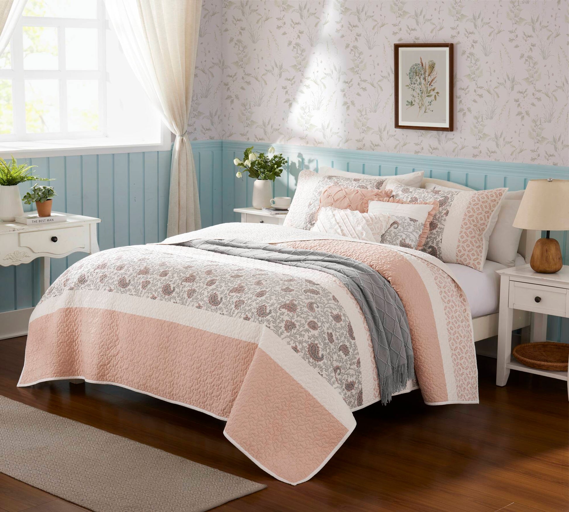 6 Piece Cotton Percale Quilt Set With Throw Pillows Blush King Cal King King Blush Polyester