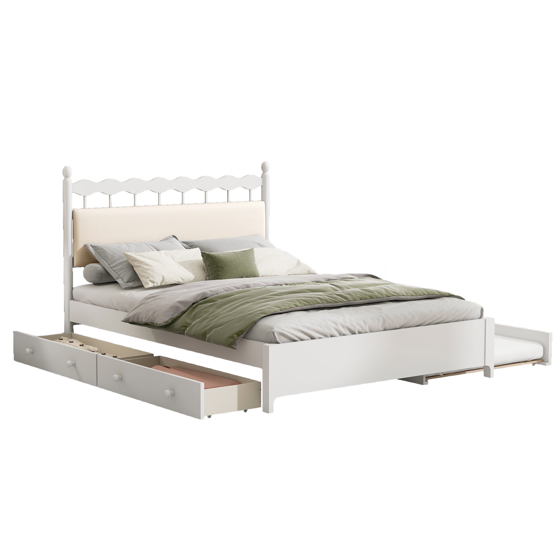 Queen Size Wooden Storage Platform Bed, With 2 Big Drawers, T Size Trundle, White Queen White Plywood