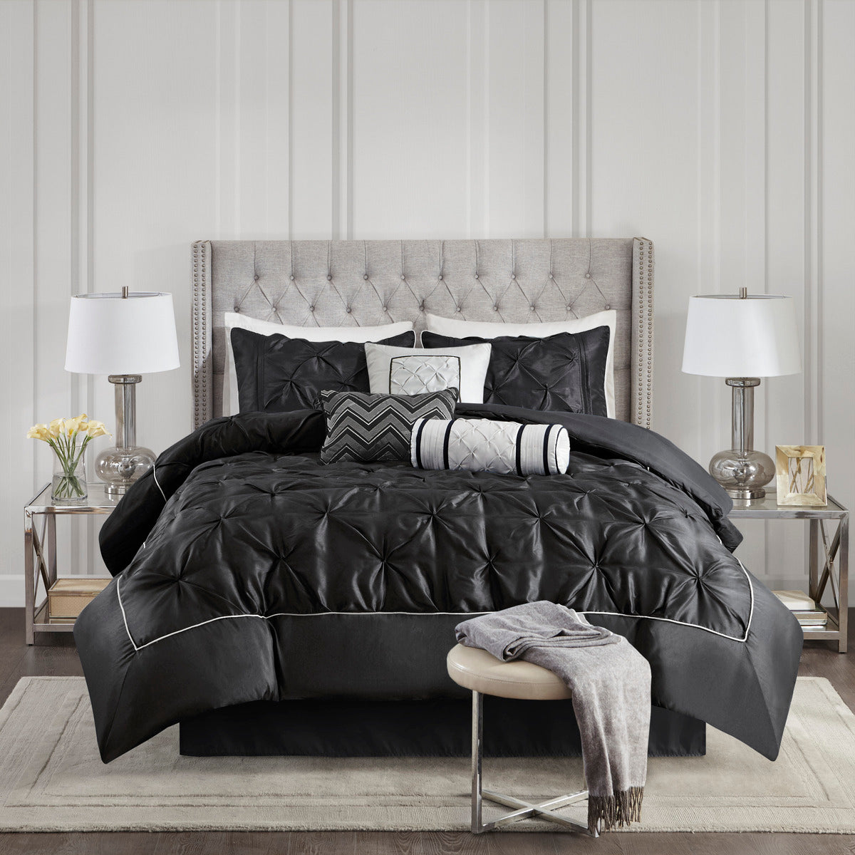 7 Piece Tufted Comforter Set Black King King Black Polyester