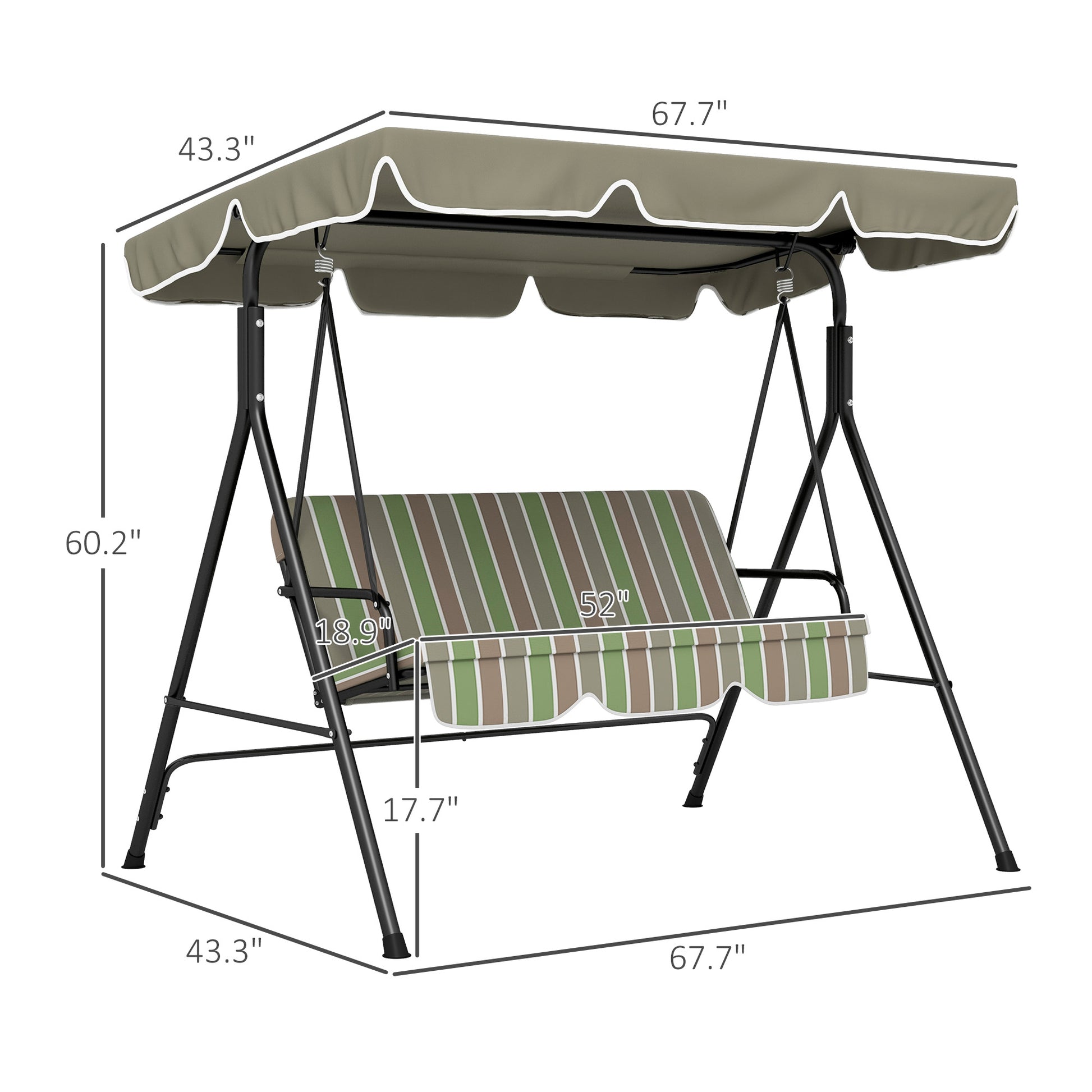 Outsunny 3 Seat Outdoor Patio Swing Chair With Removable Cushion, Steel Frame Stand And Adjustable Tilt Canopy For Patio, Garden, Poolside, Balcony, Backyard, Beige & Green Multicolor Steel