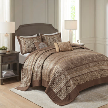 5 Piece Reversible Jacquard Bedspread Set Brown Gold King King Brown Gold Microfiber