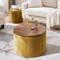 2 Piece Set Round Chenille Storage Ottoman, Equipped With A Drum Shaped Small Stool, Storage Space, And Mdf Made Desktop Panel Dark Yellow 23.62