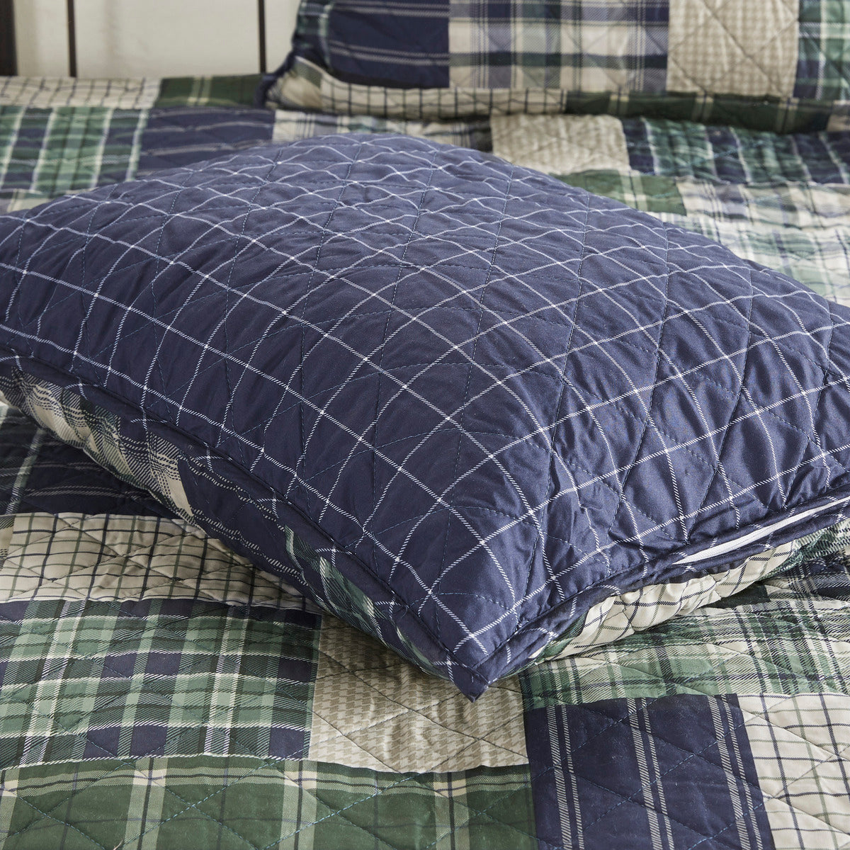 3 Piece Reversible Printed Quilt Set Green Navy Full Queen Green Navy Microfiber