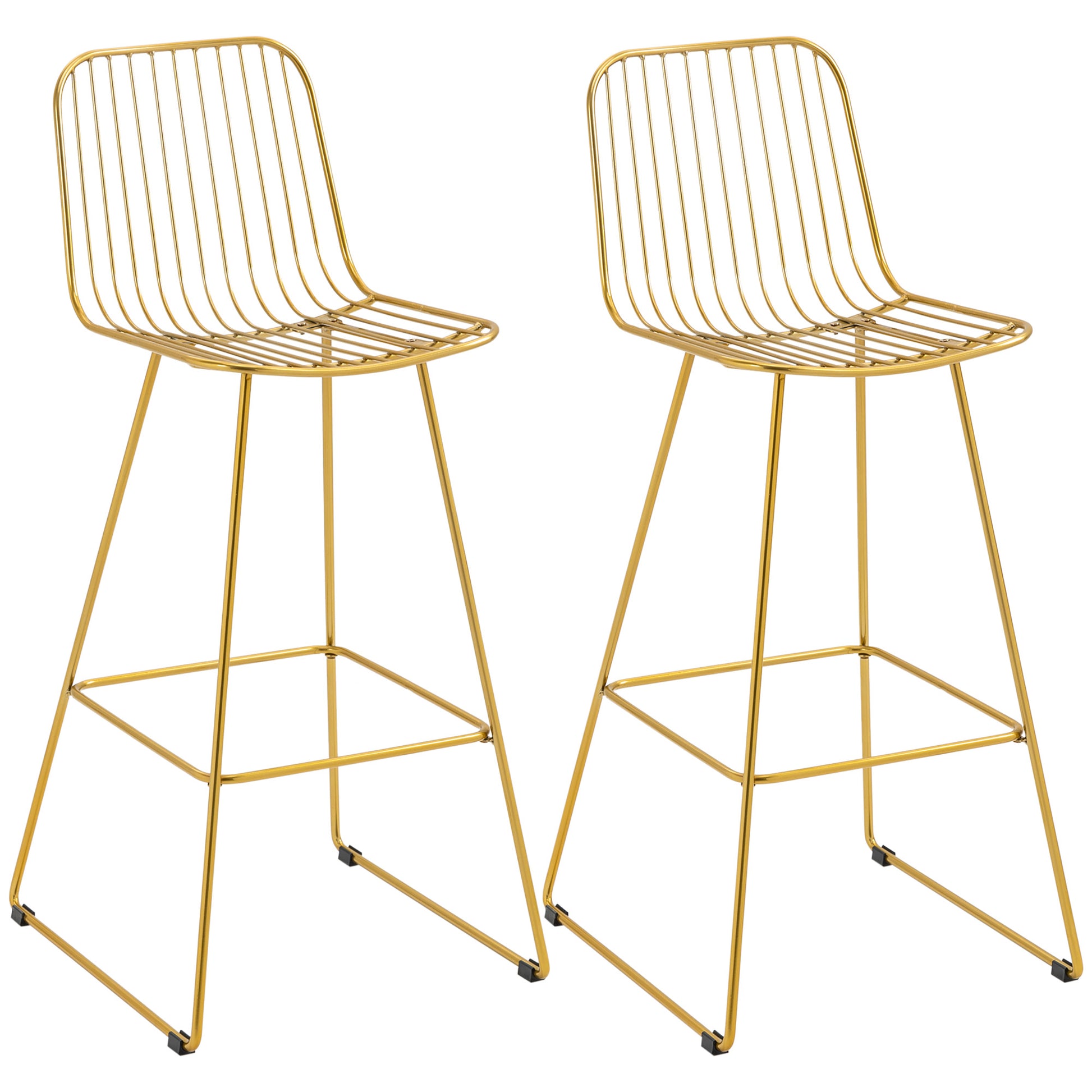 Homcom Modern Bar Stools, Metal Wire Bar Height Barstools, 30" Seat Height Bar Chairs For Kitchen With Back And Footrest, Set Of 2, Gold Gold Steel