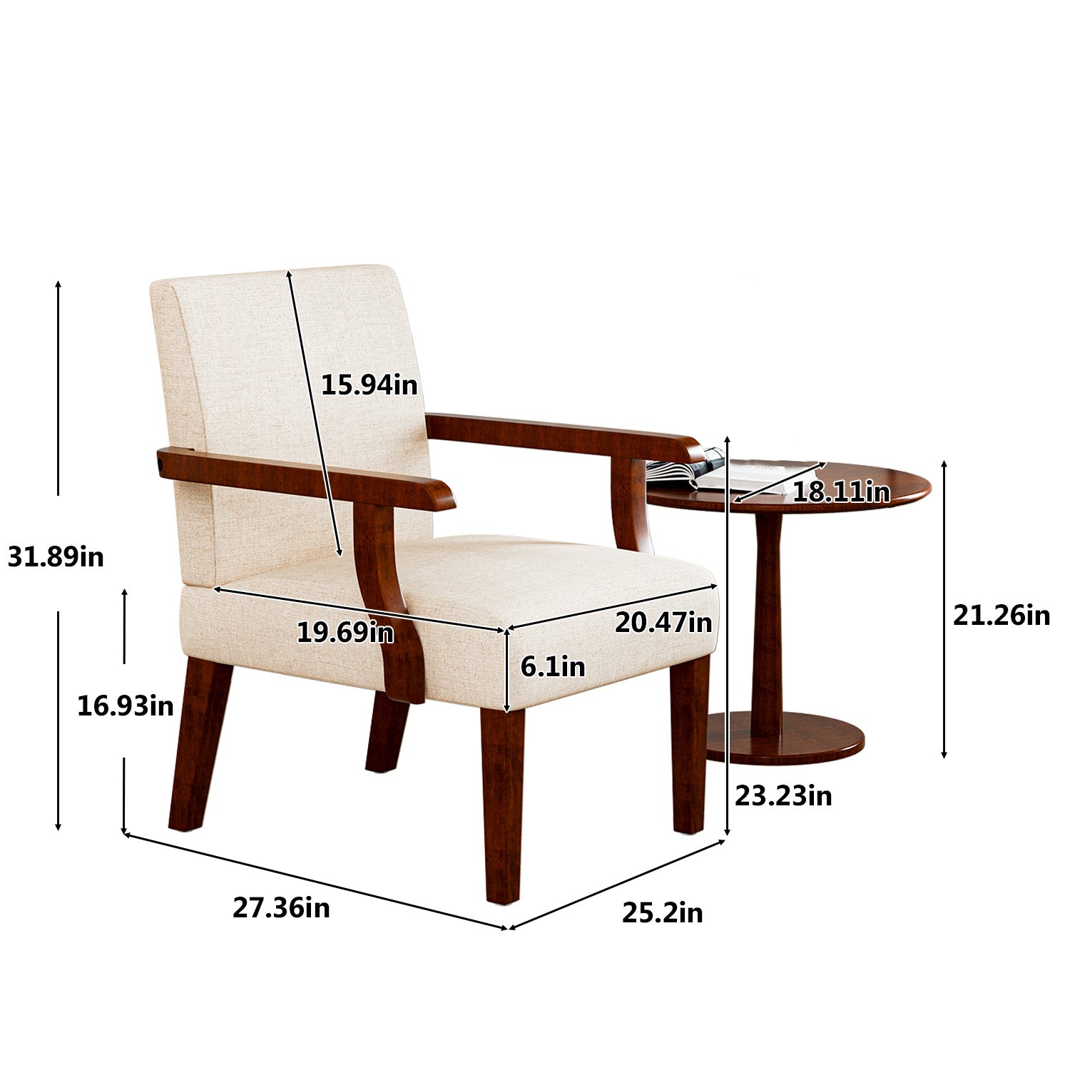 Fabric Accent Arm Chair Set Of 2 With Round Wood Table Beige Fabric