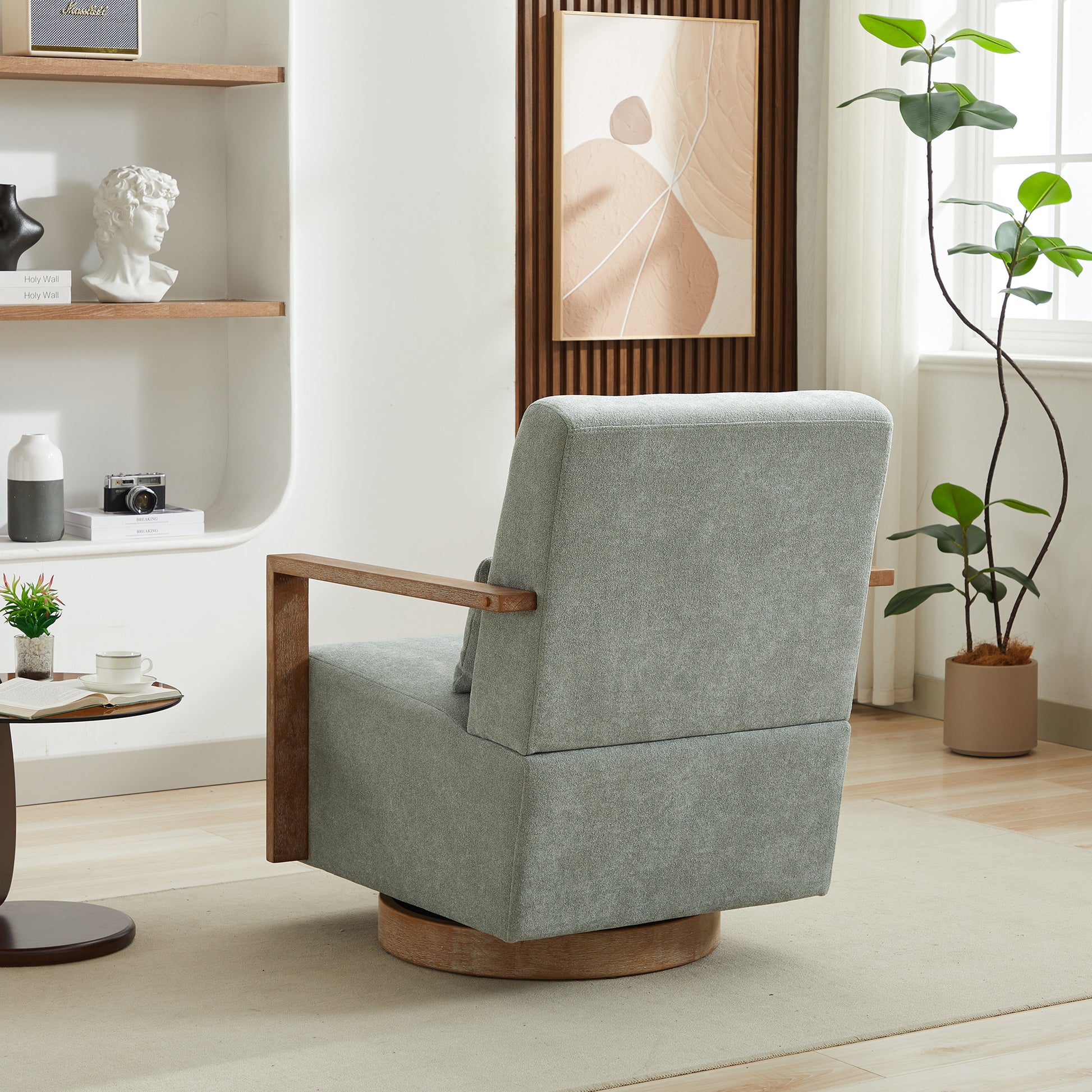 30.3"W Swivel Modern Upholstered Accent Chair With Solid Wood Armrests And 360 Degree Comfy Lounge Reading Chair, Side Armchair For Hotel, Bedroom, Living Room, Office, And Nursery Room.Pale Green Pale Green Linen Blend