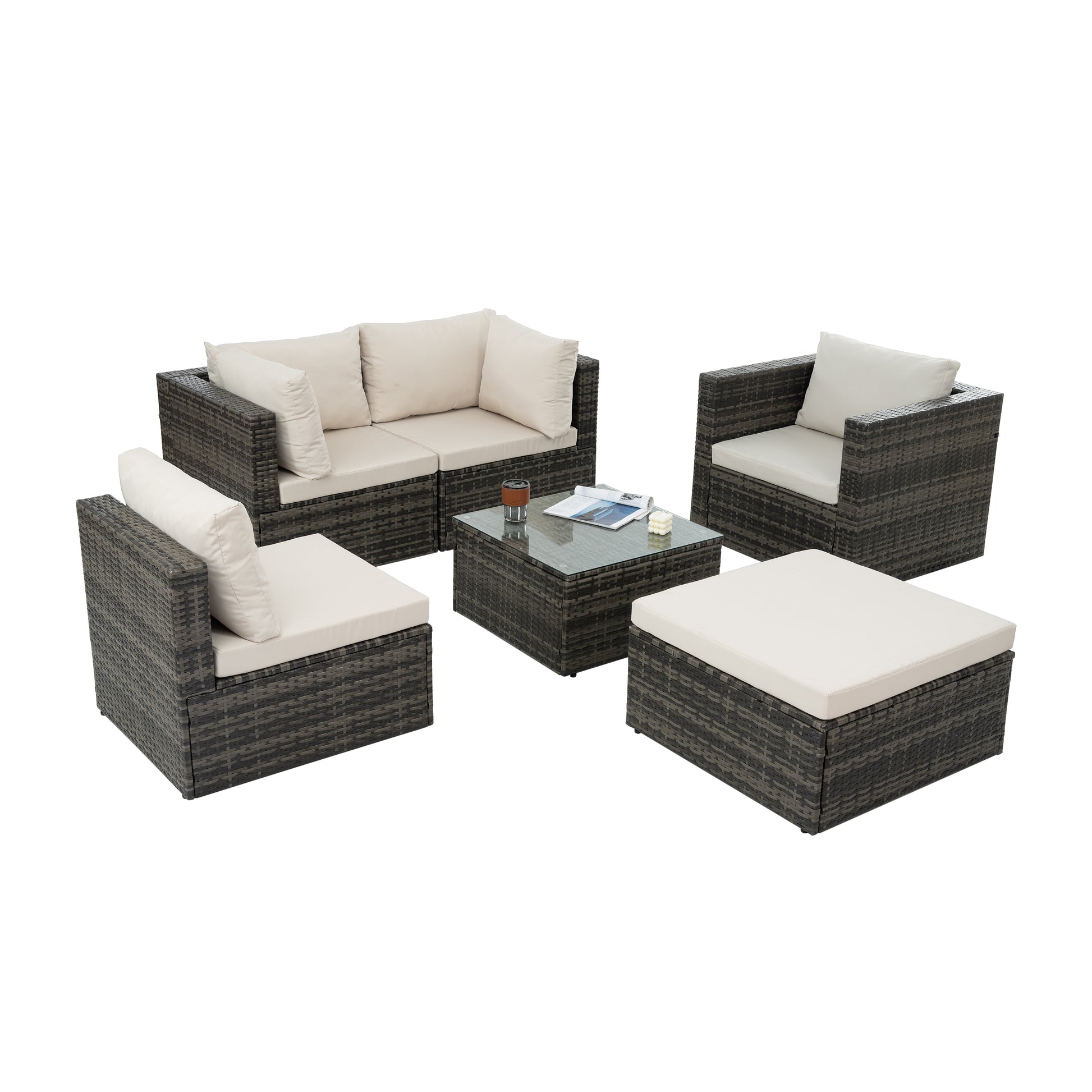 Patio Furniture, Outdoor Furniture, Seasonal Pe Wicker Furniture, 6 Set Wicker Furniture With Tempered Glass Coffee Table Dark Gray Seats 4 Pe Rattan Iron Waterproof Fabric