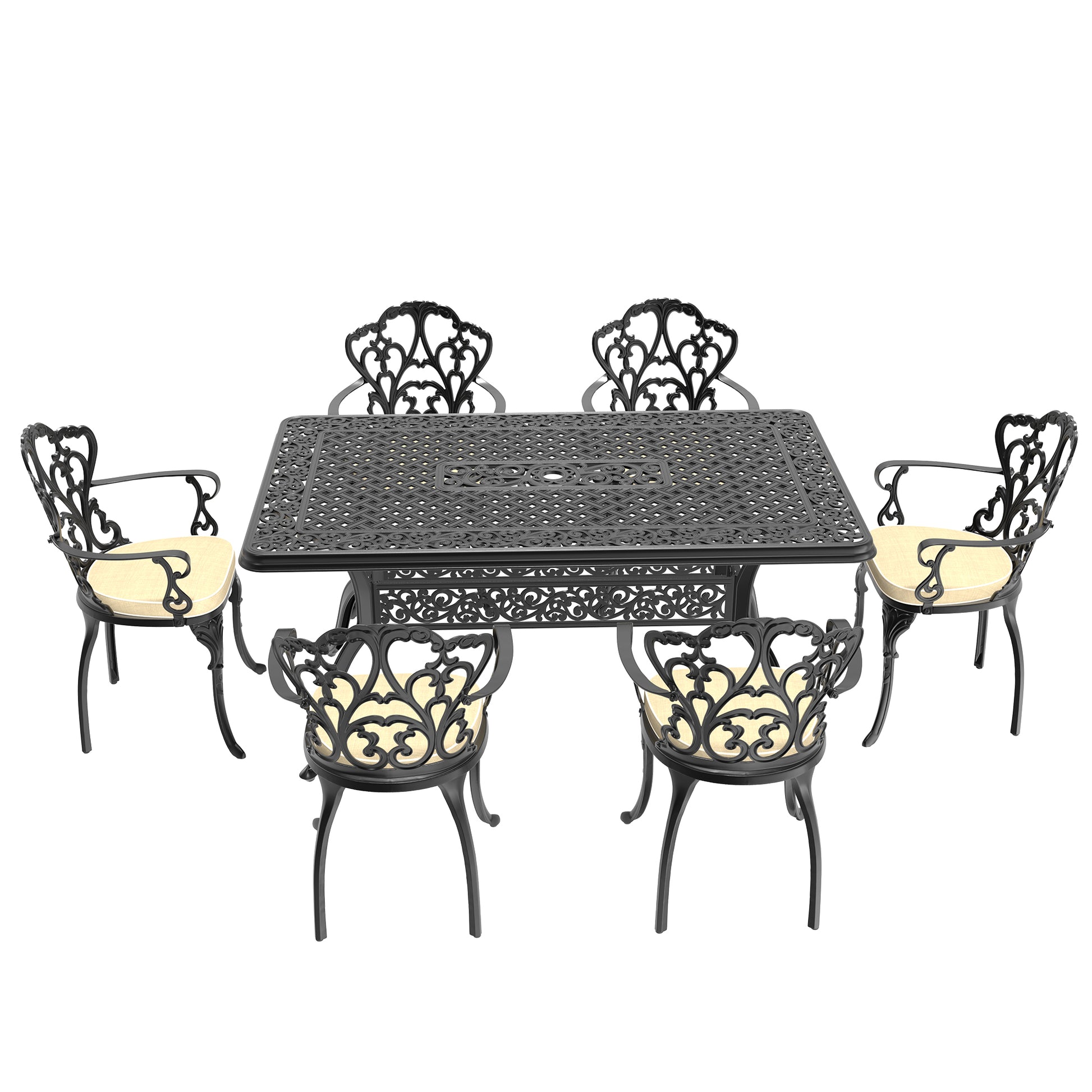 Cushions In Random Colors 7 Piece Set Of Cast Aluminum Patio Furniture With Cushions Yes Dining Set Black Seats 6 Rust Resistant Frame Water Resistant Cushion Garden & Outdoor Complete Patio Sets Aluminium