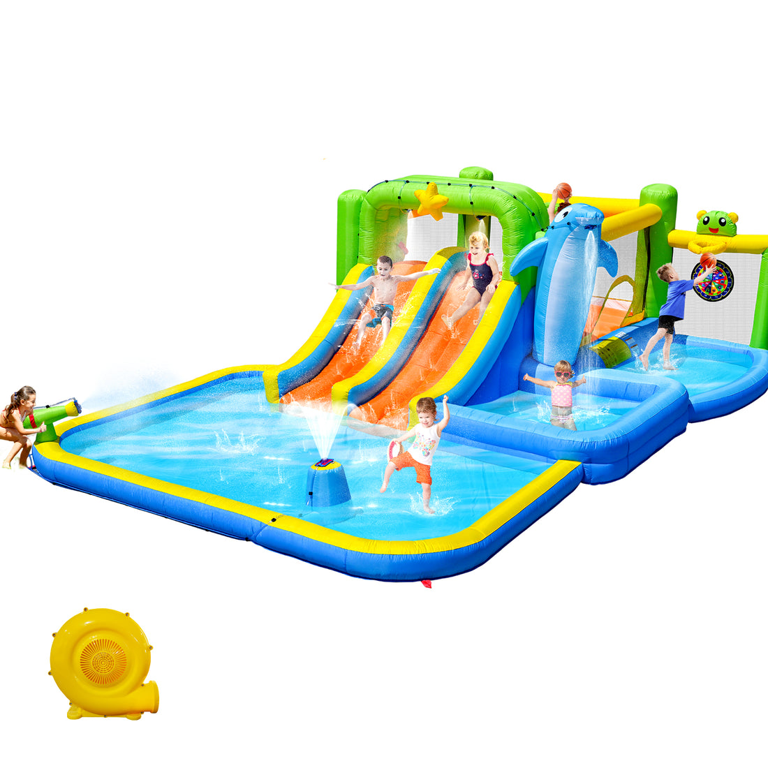 9 In 1 For Endless Fun Inflatable Bounce House With Blower Shower Soak Pool Sprinkler Fountain Water Target For Kids Multicolor Oxford Fabric