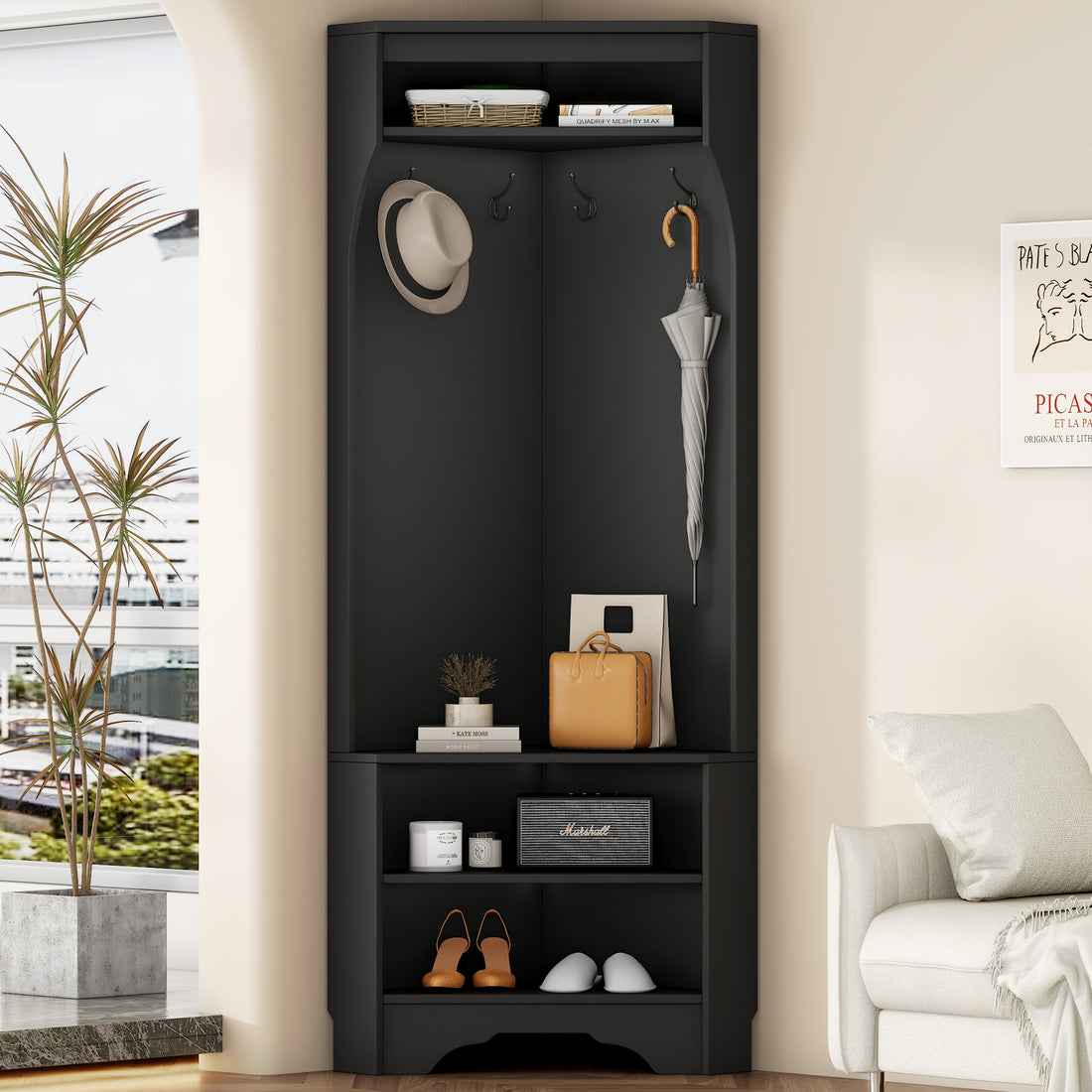 Minimalist Corner Hall Tree With Shoe Bench, Versatile Entryway Coat Rack With 4 Hooks, Corner Cabinet With Adjustable Shelf For Hallway, Living Room, Black, 29.5''W*71.6''H Black Particle Board